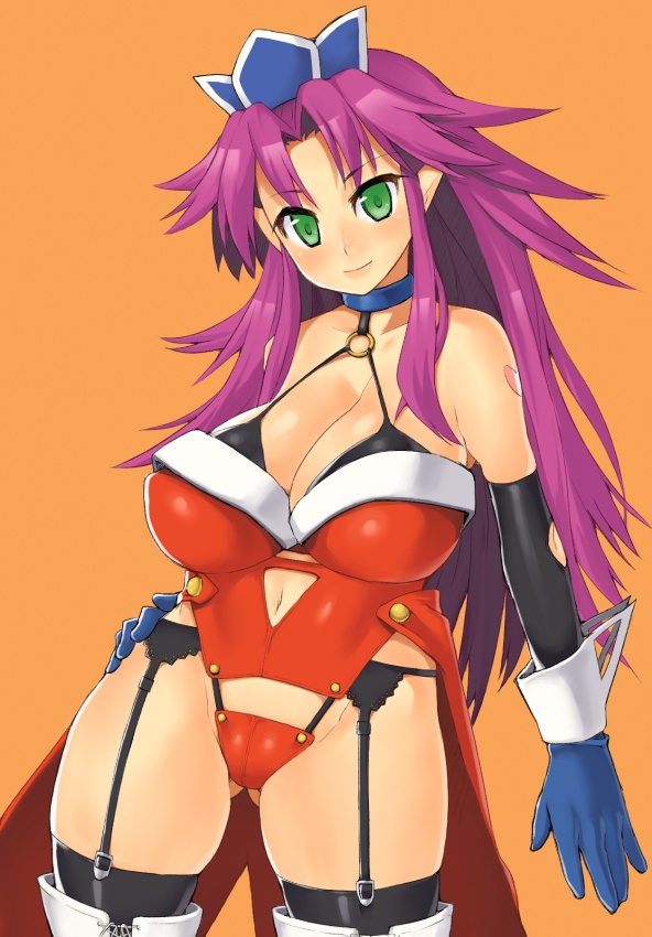 nagase haruhito, angela (seiken densetsu 3), seiken densetsu, seiken densetsu 3, square enix, bad id, bad pixiv id, 1girl, boots, breasts, cleavage, clothing cutout, collar, crown, curvy, elf, female focus, garter belt, gloves, green eyes, huge breasts, leotard, long hair, navel, navel cutout, pointy ears, purple hair, red leotard, simple background, smile, solo, thigh boots, thighhighs
