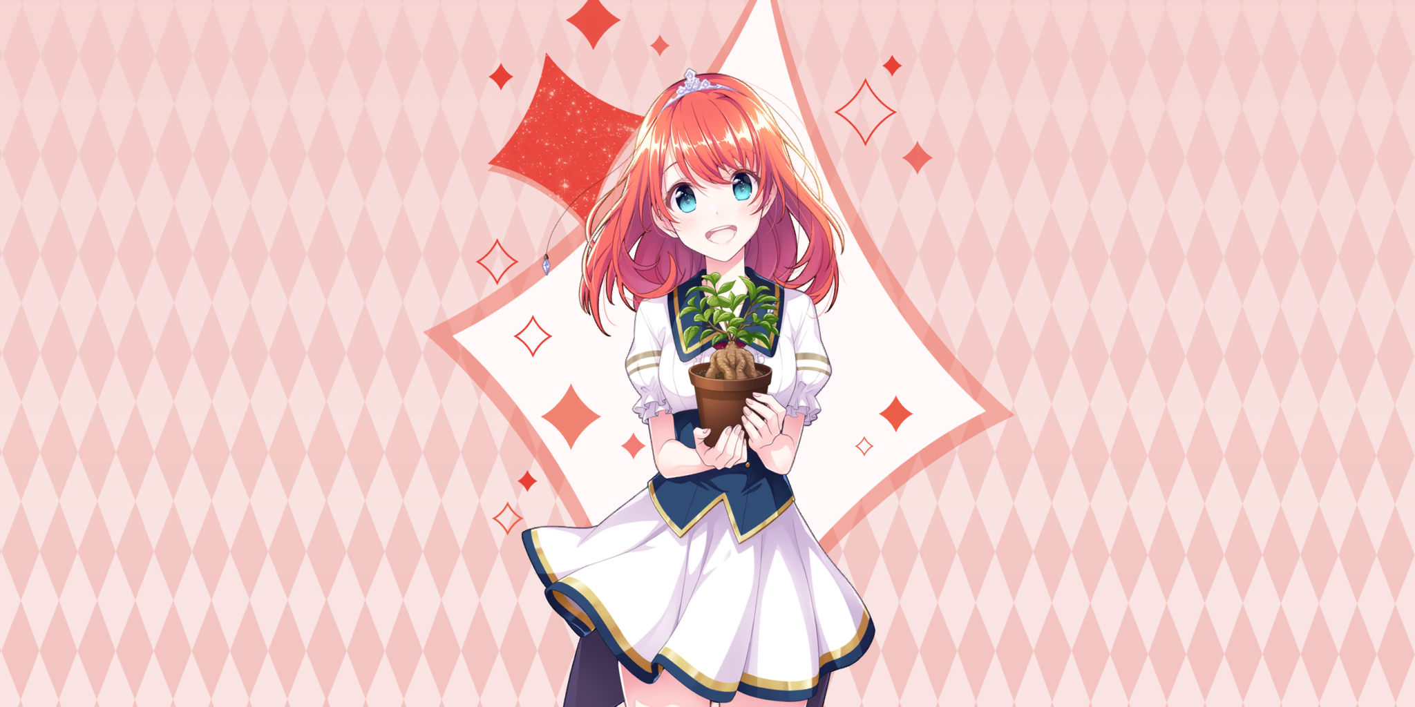 tiara (lapis re:lights), lapis re:lights, game cg, highres, official art, third-party source, 1girl, :d, argyle background, blue eyes, blush, breasts, cowboy shot, dot nose, dress, flower pot, holding, holding flower pot, looking at viewer, medium breasts, medium hair, open mouth, pink background, plant, potted plant, red hair, school uniform, short sleeves, smile, solo, sparkle background, swept bangs, teeth, tiara, upper teeth only, white dress
