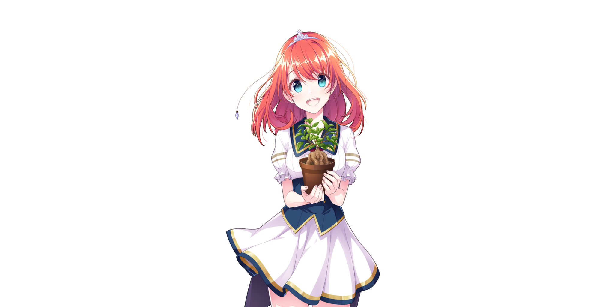 tiara (lapis re:lights), lapis re:lights, game cg, highres, official art, third-party source, 1girl, :d, blue eyes, blush, breasts, cowboy shot, dot nose, dress, flower pot, holding, holding flower pot, looking at viewer, medium breasts, medium hair, open mouth, plant, potted plant, red hair, school uniform, short sleeves, smile, solo, swept bangs, teeth, tiara, transparent background, upper teeth only, white dress
