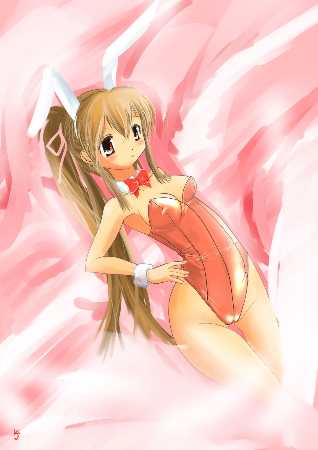 kiyojirou, original, highres, 1girl, animal ears, bare legs, brown hair, dutch angle, fake animal ears, female focus, long hair, playboy bunny, rabbit ears, red eyes, solo