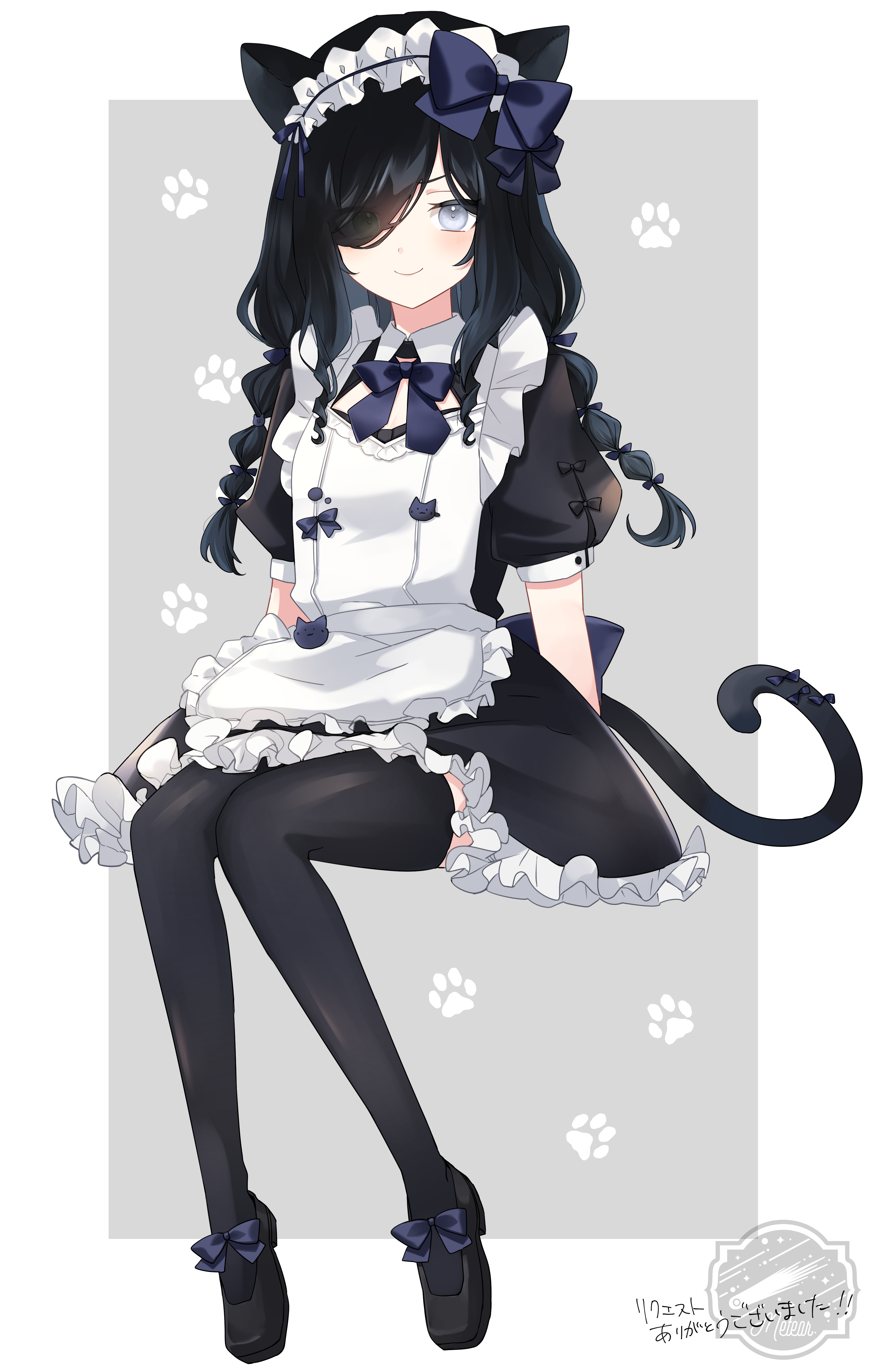 norun (ru-on), indie virtual youtuber, absurdres, character request, commentary request, highres, 1girl, animal ears, apron, arms behind back, black bow, black bowtie, black hair, black shoes, black thighhighs, blush, bow, bowtie, braid, cat ears, cat girl, cat tail, closed mouth, eyes visible through hair, frilled apron, frilled skirt, frills, full body, green eyes, grey eyes, hair over one eye, heterochromia, long hair, maid, maid apron, maid headdress, one eye covered, parted bangs, puffy short sleeves, puffy sleeves, shoes, short sleeves, sitting, skirt, smile, solo, tail, thighhighs, virtual youtuber, watermark, white headdress