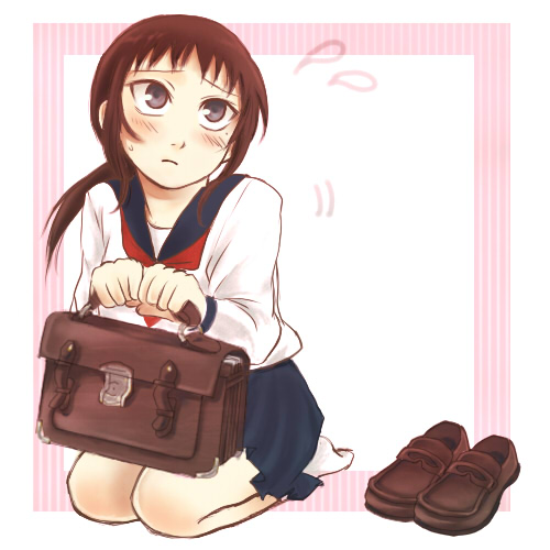 kaga ai, sayonara zetsubou sensei, artist request, lowres, 00s, 1girl, bag, black eyes, blush, brown hair, female focus, full body, kneeling, mole, mole under eye, ponytail, school uniform, serafuku, shoes, socks, solo, sweat, white background