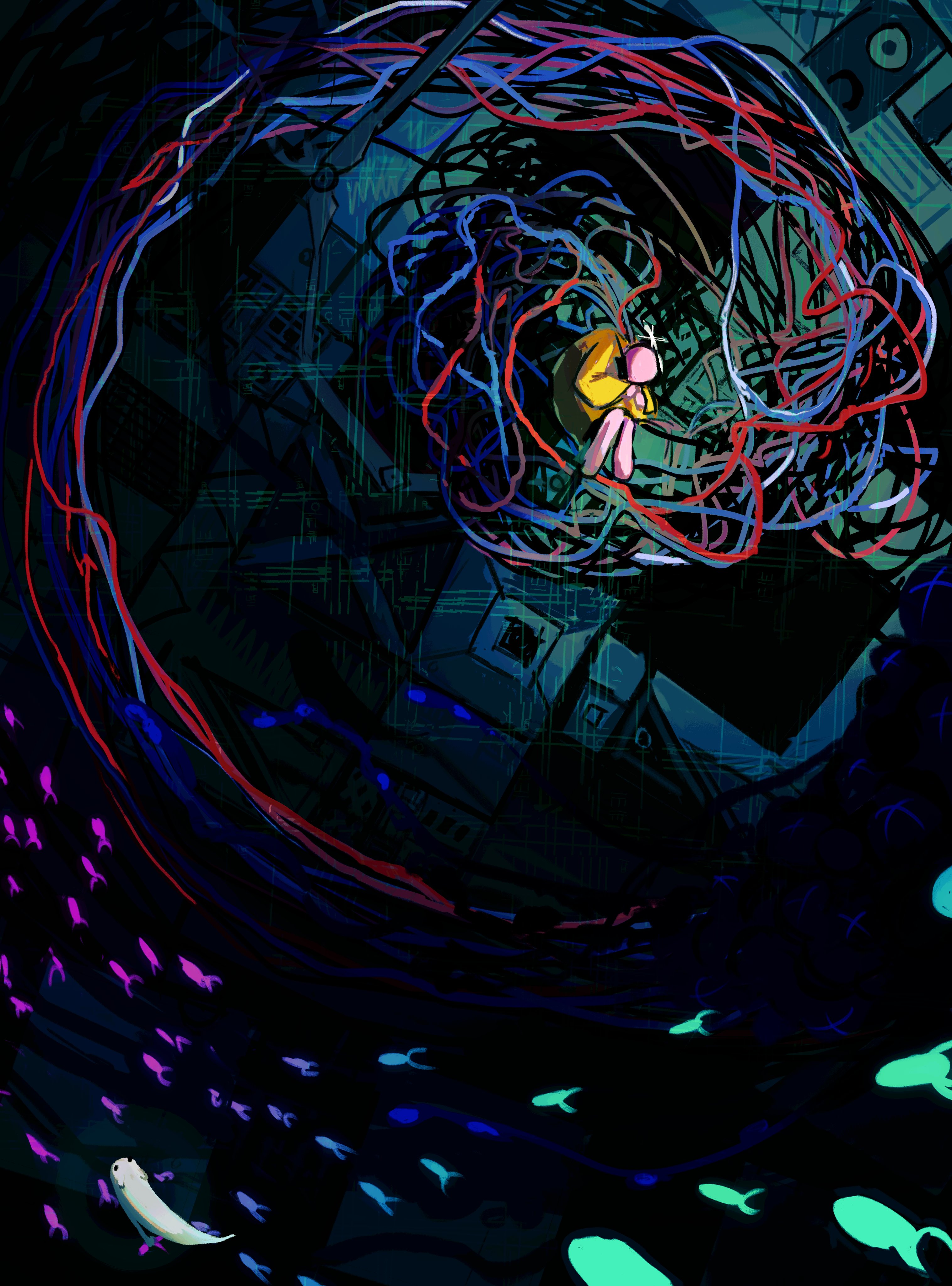 five pebbles, iterator (rain world), slugcat, survivor (rain world), rain world, absurdres, commentary, english commentary, highres, 1other, bent back, cable, creature, humanoid robot, melange, midair, neuron fly (rain world), robe, robot, robot ears, yellow robe