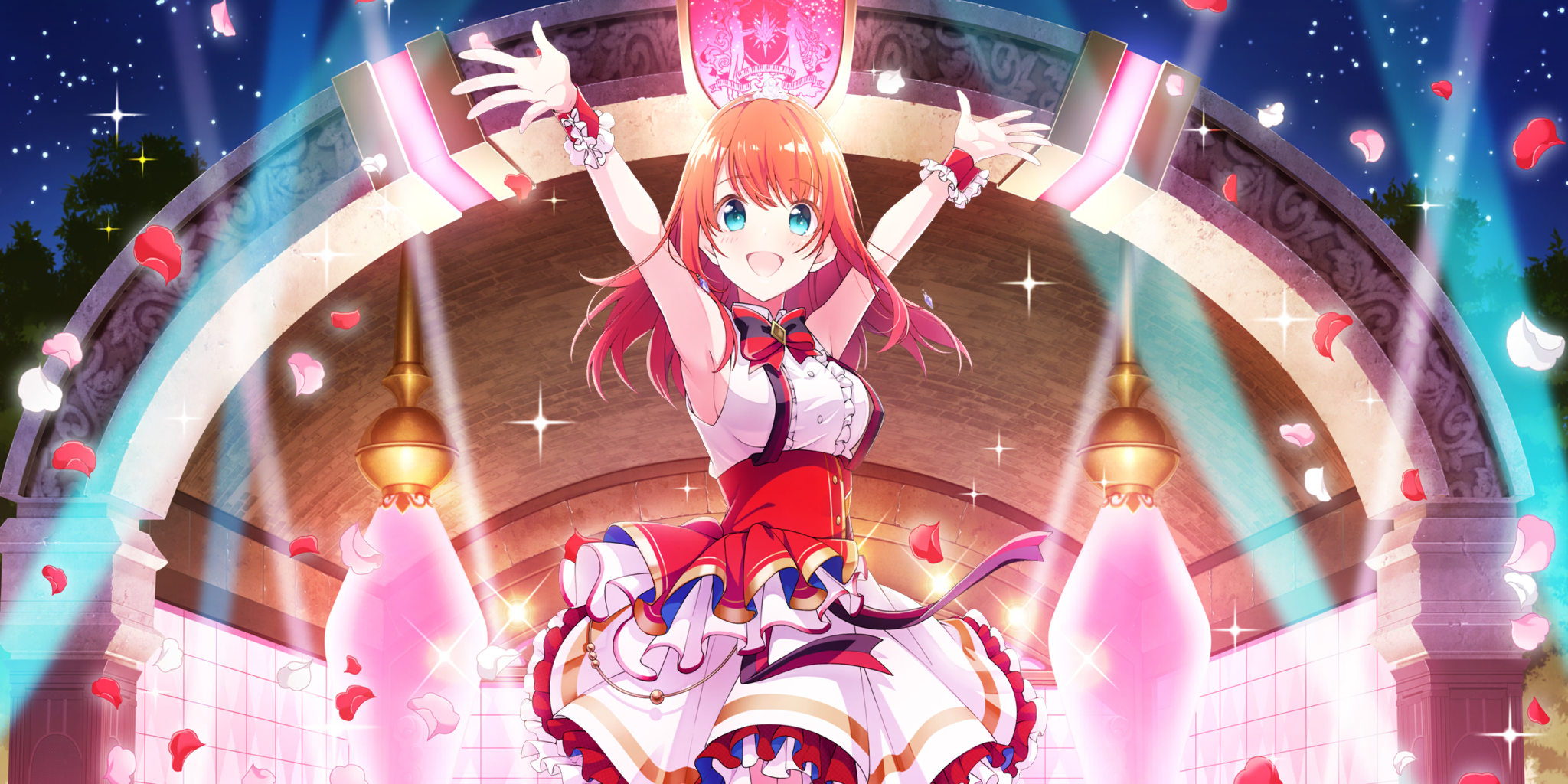 tiara (lapis re:lights), lapis re:lights, game cg, highres, official art, third-party source, 1girl, armpits, arms up, blue eyes, blush, bow, bowtie, breasts, cowboy shot, dot nose, falling petals, gem, idol, idol clothes, layered skirt, long hair, looking at viewer, medium breasts, night, night sky, open mouth, petals, pink petals, purple gemstone, red bow, red bowtie, red hair, red petals, red ribbon, red skirt, red wrist cuffs, ribbon, sideboob, skirt, sky, smile, solo, sparkle, stage, stage lights, star (sky), starry sky, striped bow, striped bowtie, striped clothes, underbust, white petals, white skirt, wrist cuffs