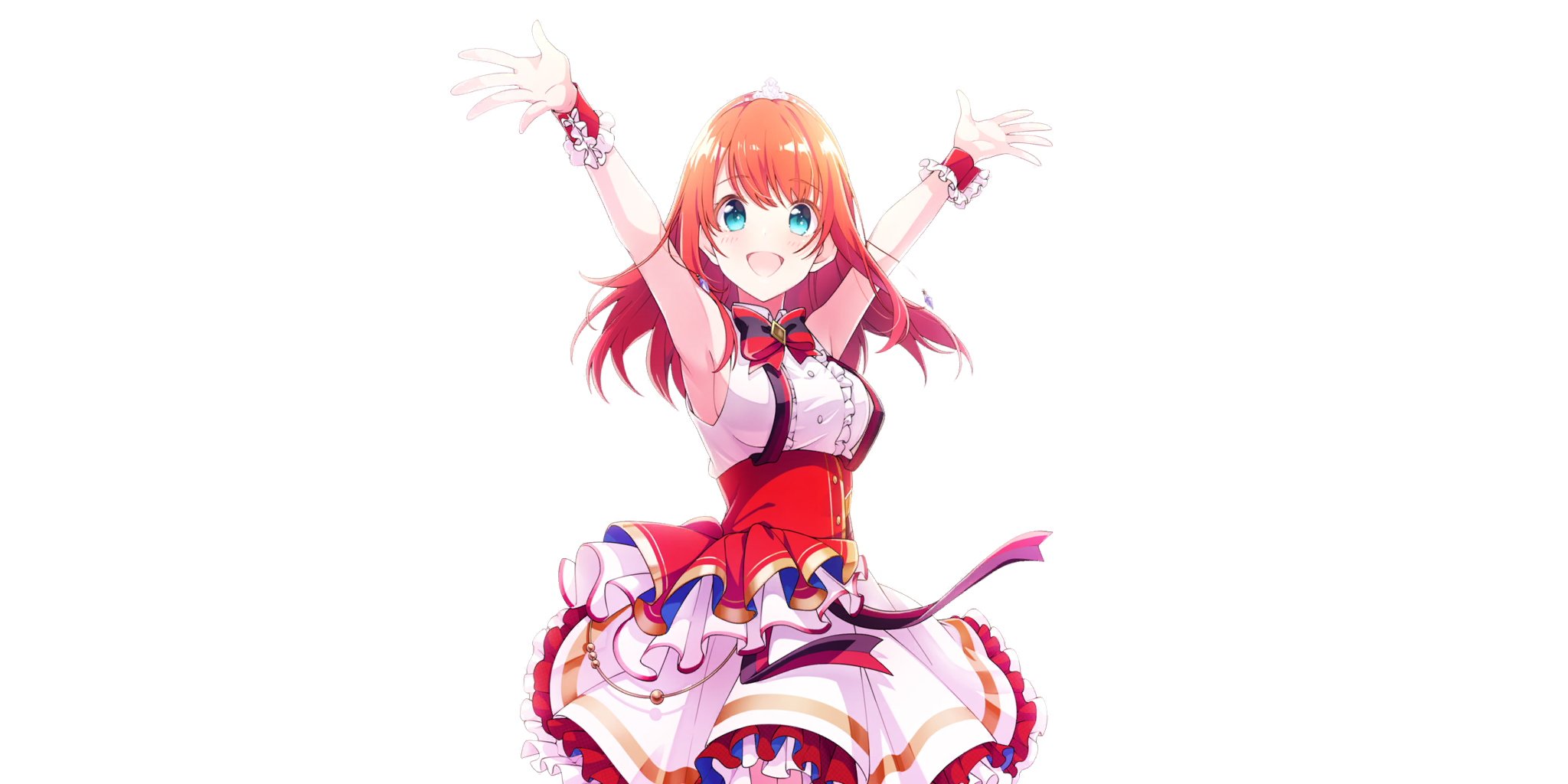 tiara (lapis re:lights), lapis re:lights, game cg, highres, official art, third-party source, 1girl, armpits, arms up, blue eyes, blush, bow, bowtie, breasts, cowboy shot, dot nose, gem, idol, idol clothes, layered skirt, long hair, looking at viewer, medium breasts, open mouth, purple gemstone, red bow, red bowtie, red hair, red ribbon, red skirt, red wrist cuffs, ribbon, sideboob, skirt, smile, solo, striped bow, striped bowtie, striped clothes, transparent background, underbust, white skirt, wrist cuffs