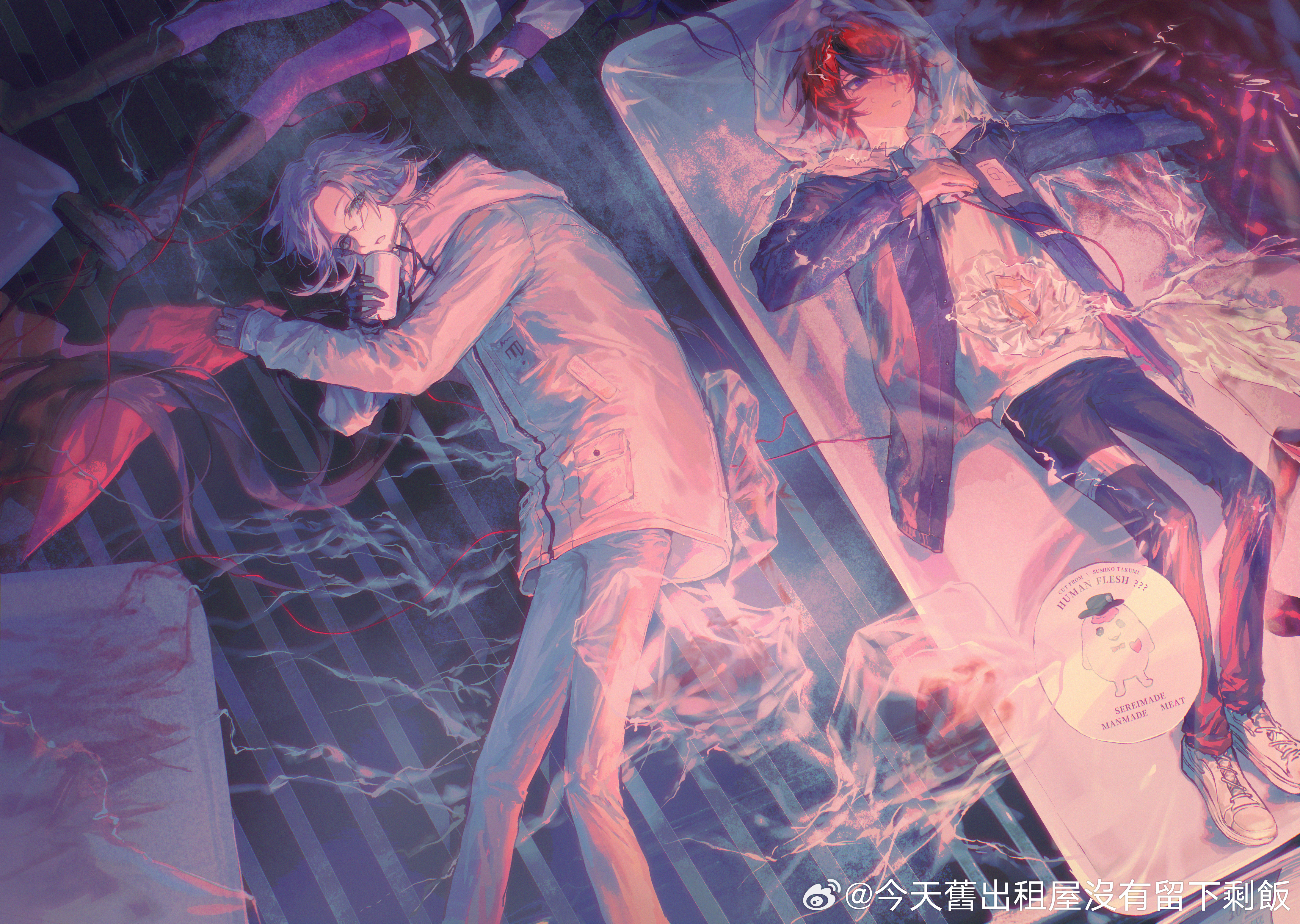 mint1618680, amemiya darumi, aotsuki eito, sirei (hundred line), sumino takumi, the hundred line -last defense academy-, absurdres, highres, 1girl, 2boys, black boots, black pants, boots, coat, gloves, grey hair, human meat consumption, intestines, jacket, lying, male focus, multicolored hair, multiple boys, on back, pants, parted lips, plastic wrap, purple thighhighs, red hair, short hair, streaked hair, string phone, thighhighs, tray, white coat, white pants
