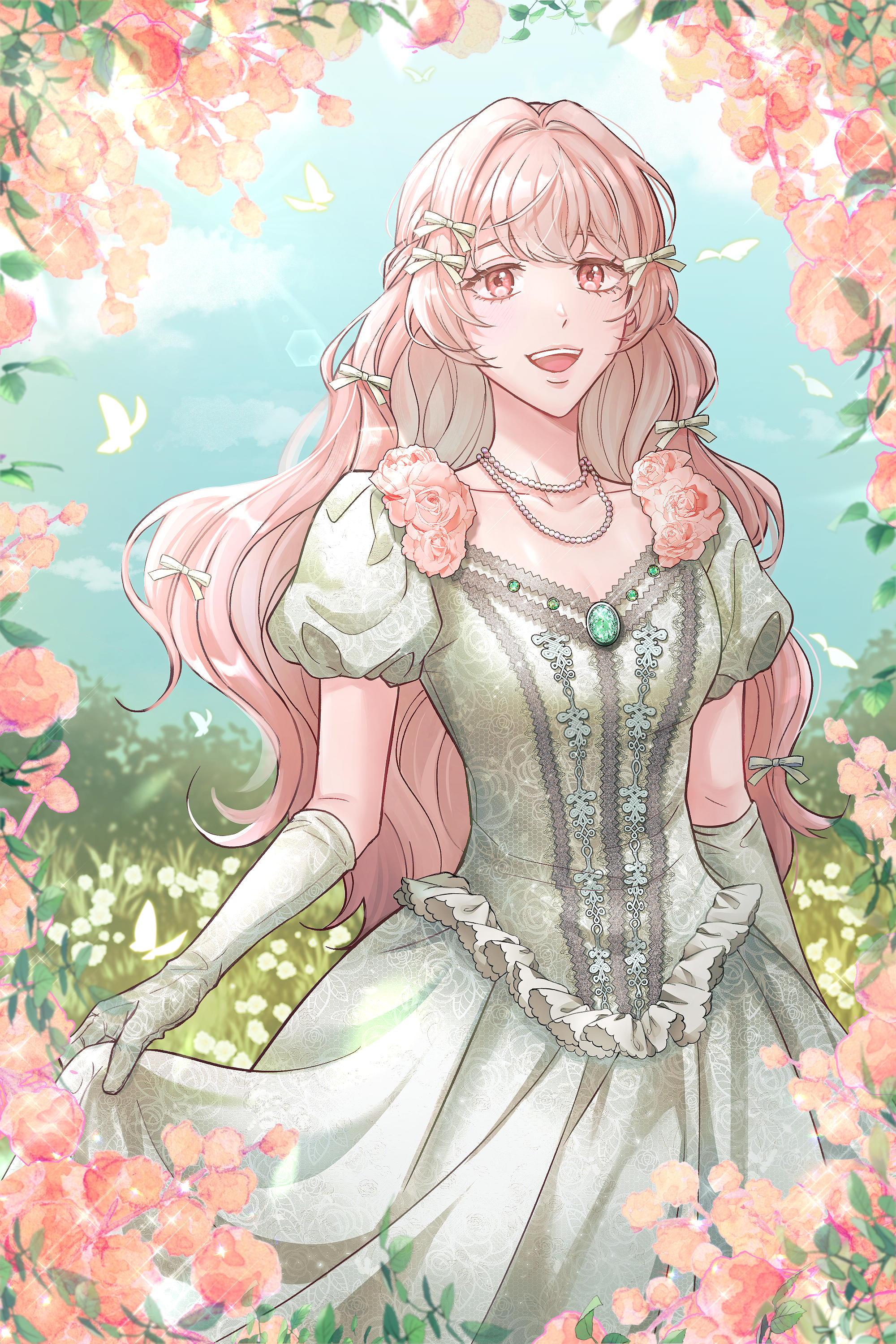 imy, original, absurdres, highres, 1girl, bead necklace, beads, blush, bow, braid, clothes lift, cloud, cowboy shot, dress, elbow gloves, floral border, flower, frilled dress, frills, gem, gloves, green bow, green dress, green gemstone, green gloves, hair bow, hair intakes, jewelry, long hair, looking at viewer, necklace, open mouth, outdoors, pink flower, pink hair, pink rose, puffy short sleeves, puffy sleeves, rose, short sleeves, skirt, skirt lift, sky, smile, solo, standing, teeth, upper teeth only, wavy hair, wedding dress