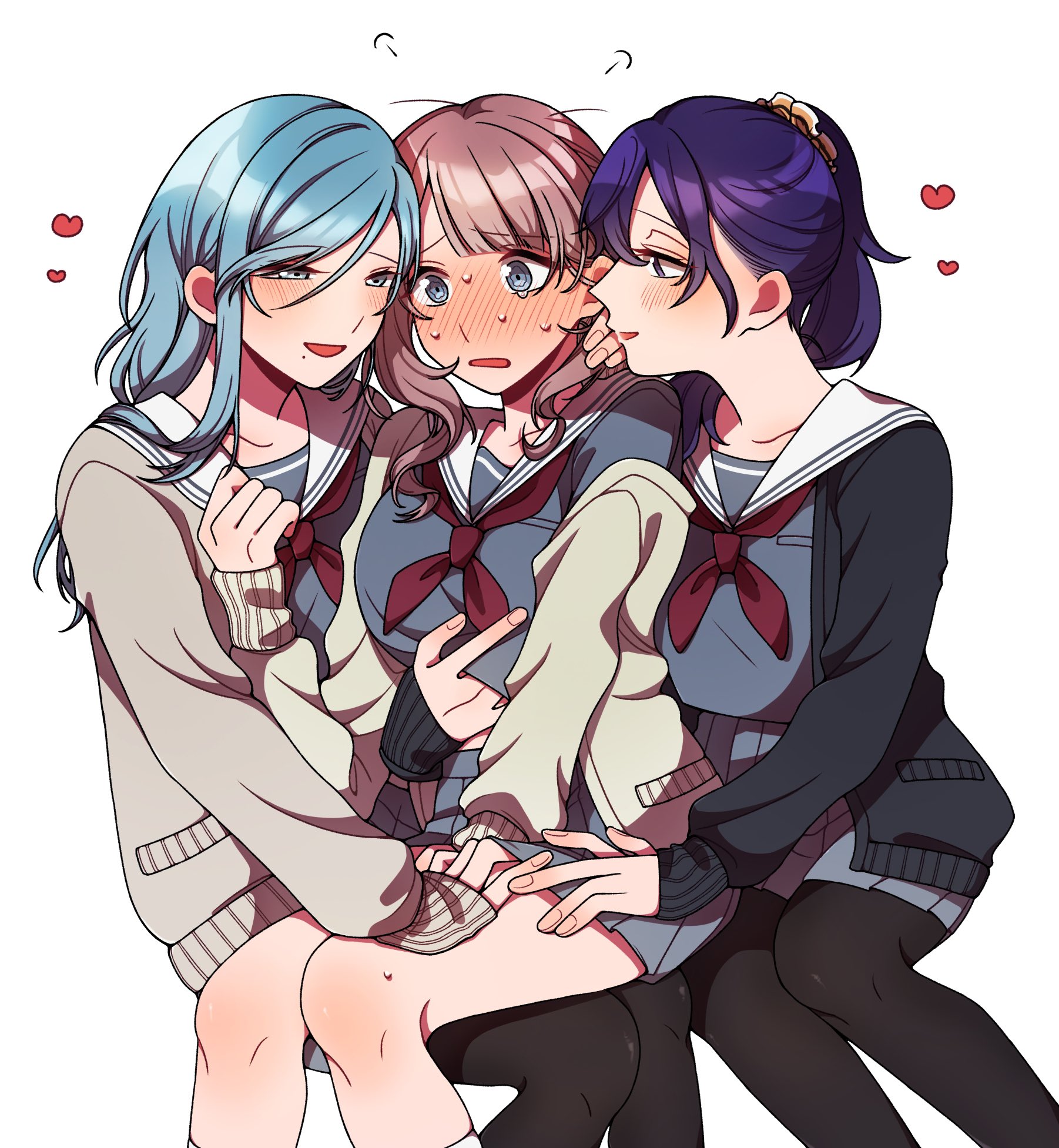 asahina mafuyu, hinomori shizuku, mochizuki honami, project sekai, commentary request, highres, 3girls, 3s3677804311973, black cardigan, black pantyhose, blue hair, blush, cardigan, clothes lift, grey eyes, grey shirt, grey skirt, hand on another's thigh, hand under clothes, hand under shirt, heart, long hair, mole, mole under mouth, multiple girls, neckerchief, nervous sweating, open mouth, pantyhose, pink hair, pleated skirt, ponytail, purple eyes, purple hair, red neckerchief, sailor collar, shirt, shirt lift, simple background, sitting, sitting on lap, sitting on person, skirt, sweat, white background, white sailor collar, yellow cardigan, yuri