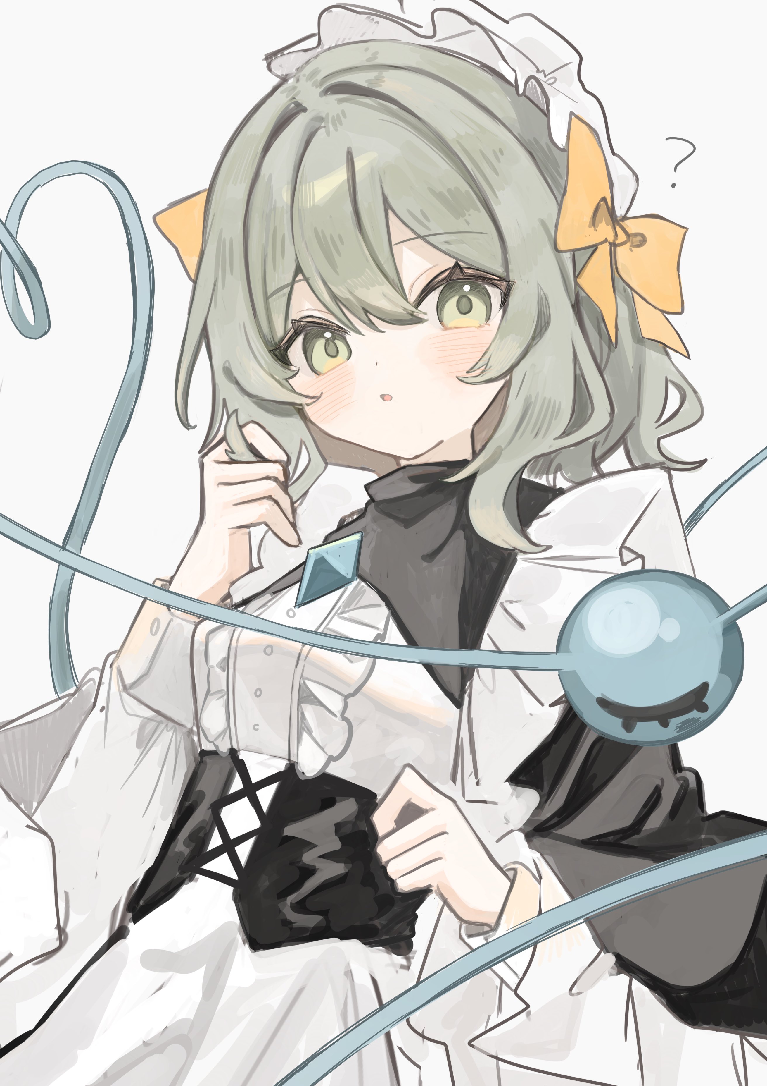 sabatuki, komeiji koishi, touhou, absurdres, highres, 1girl, ?, alternate costume, apron, black corset, bow, brooch, buttons, center frills, corset, diamond-shaped brooch, diamond (shape), enmaided, frills, green eyes, green hair, grey background, hair between eyes, hair bow, hands up, jewelry, light blush, long sleeves, looking at viewer, maid, maid headdress, medium hair, parted lips, puritan collar, simple background, sleeve cuffs, solo, third eye, underbust, upper body, white apron, yellow bow