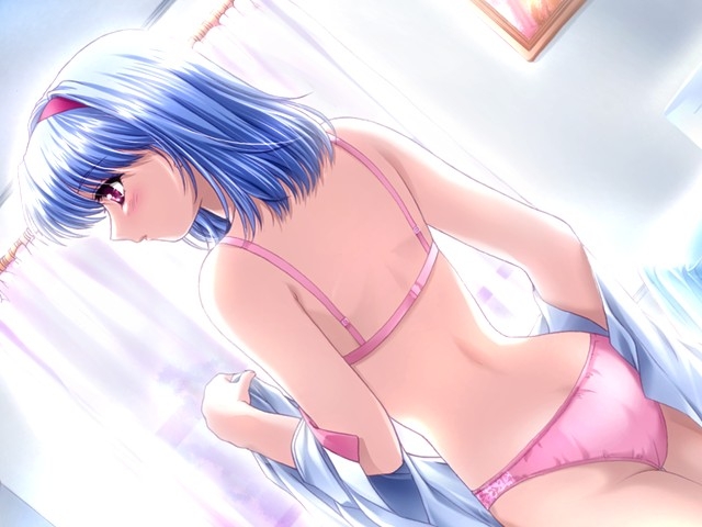 lip-s, furimuite cool eye's, game cg, non-web source, 1girl, ass, blue hair, bra, dutch angle, female focus, hairband, lingerie, panties, pink panties, red eyes, short hair, solo, underwear, underwear only, undressing