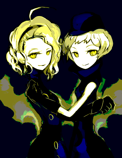 elizabeth (persona), margaret (persona), atlus, persona, persona 3, persona 4, margaret, 2girls, bare shoulders, blonde hair, dress, gloves, grin, hairband, hat, long hair, multiple girls, short hair, siblings, sisters, smile, wavy hair, yellow eyes