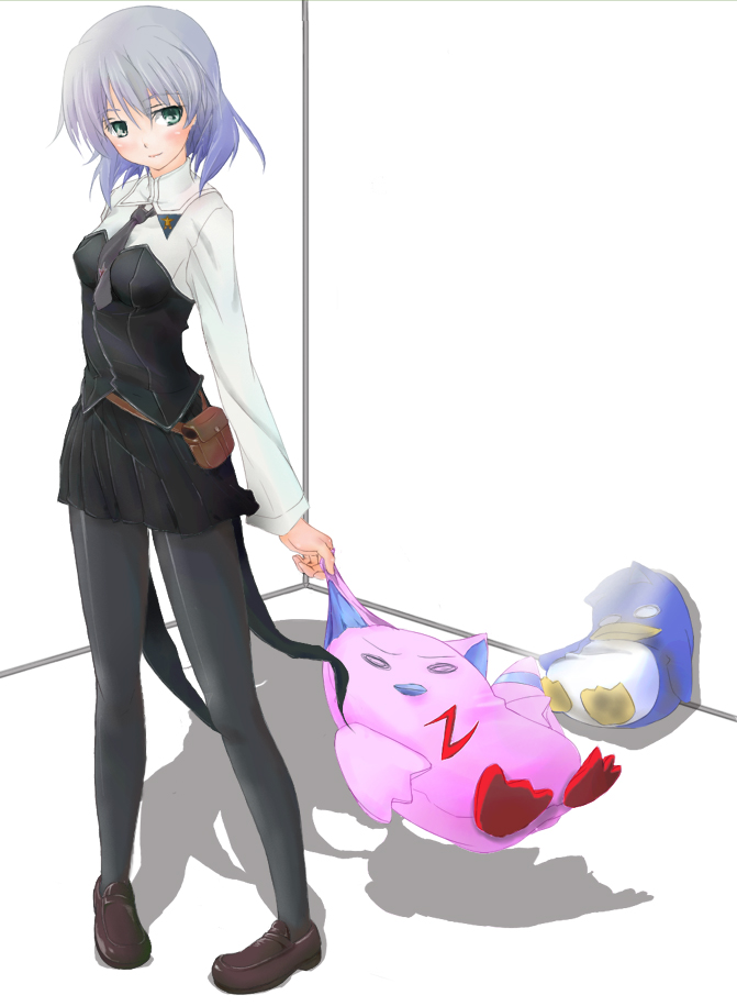 normad, sanya v. litvyak, galaxy angel, strike witches, world witches series, silver hair, uniform, 00s, 1girl, bird, black pantyhose, blush, female focus, full body, green eyes, necktie, pantyhose, penguin, short hair, skirt, smile, solo, stuffed animal, stuffed toy, white background