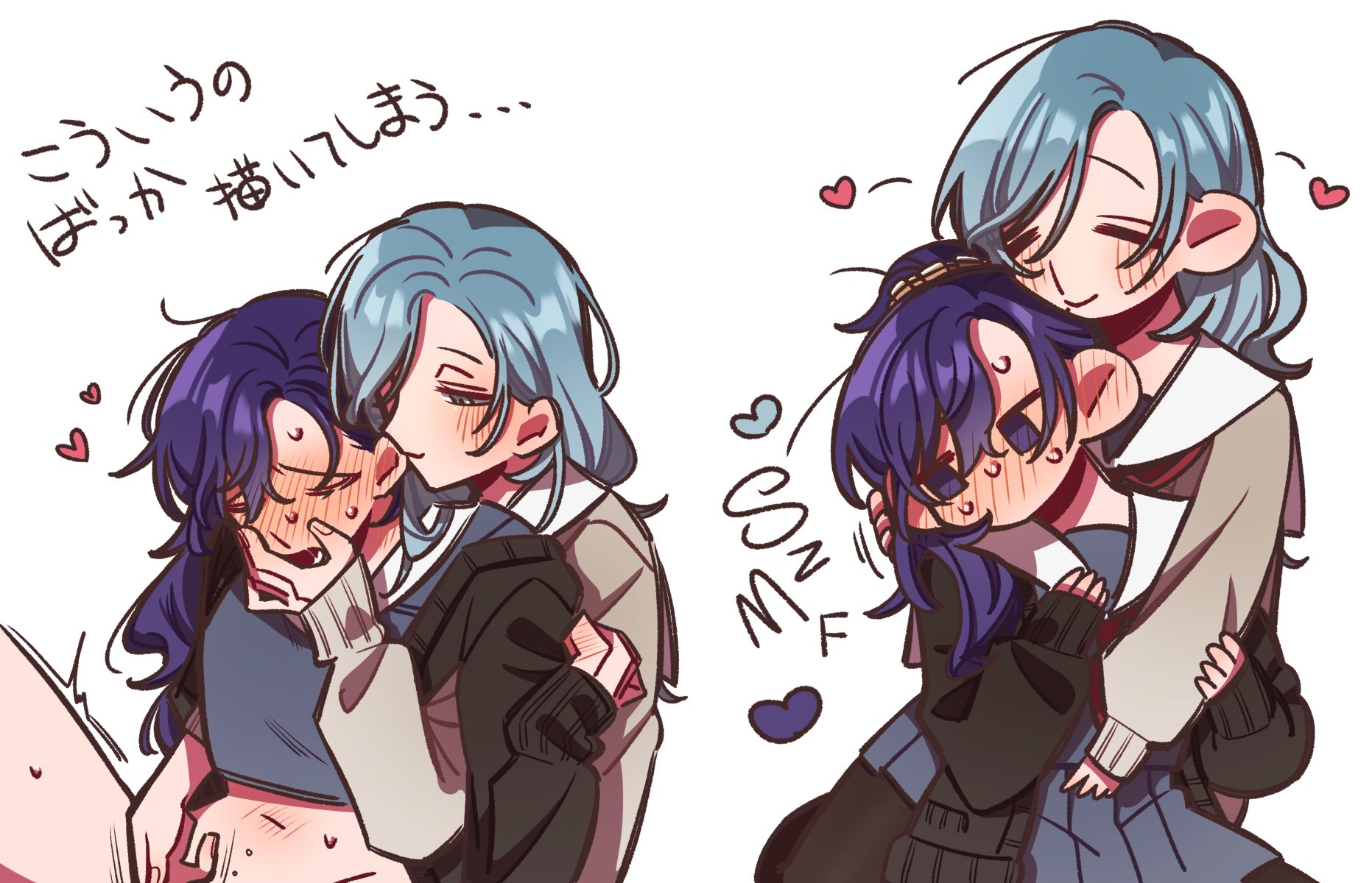 asahina mafuyu, hinomori shizuku, project sekai, commentary request, highres, translation request, 2girls, 3s3677804311973, black cardigan, blue hair, blush, bottomless, cardigan, closed eyes, closed mouth, covering another's mouth, fingering, grey skirt, heart, long hair, mole, mole under mouth, multiple girls, nervous sweating, open mouth, pleated skirt, ponytail, purple eyes, purple hair, reach-around, sailor collar, simple background, skirt, smile, sweat, white background, white sailor collar, yuri
