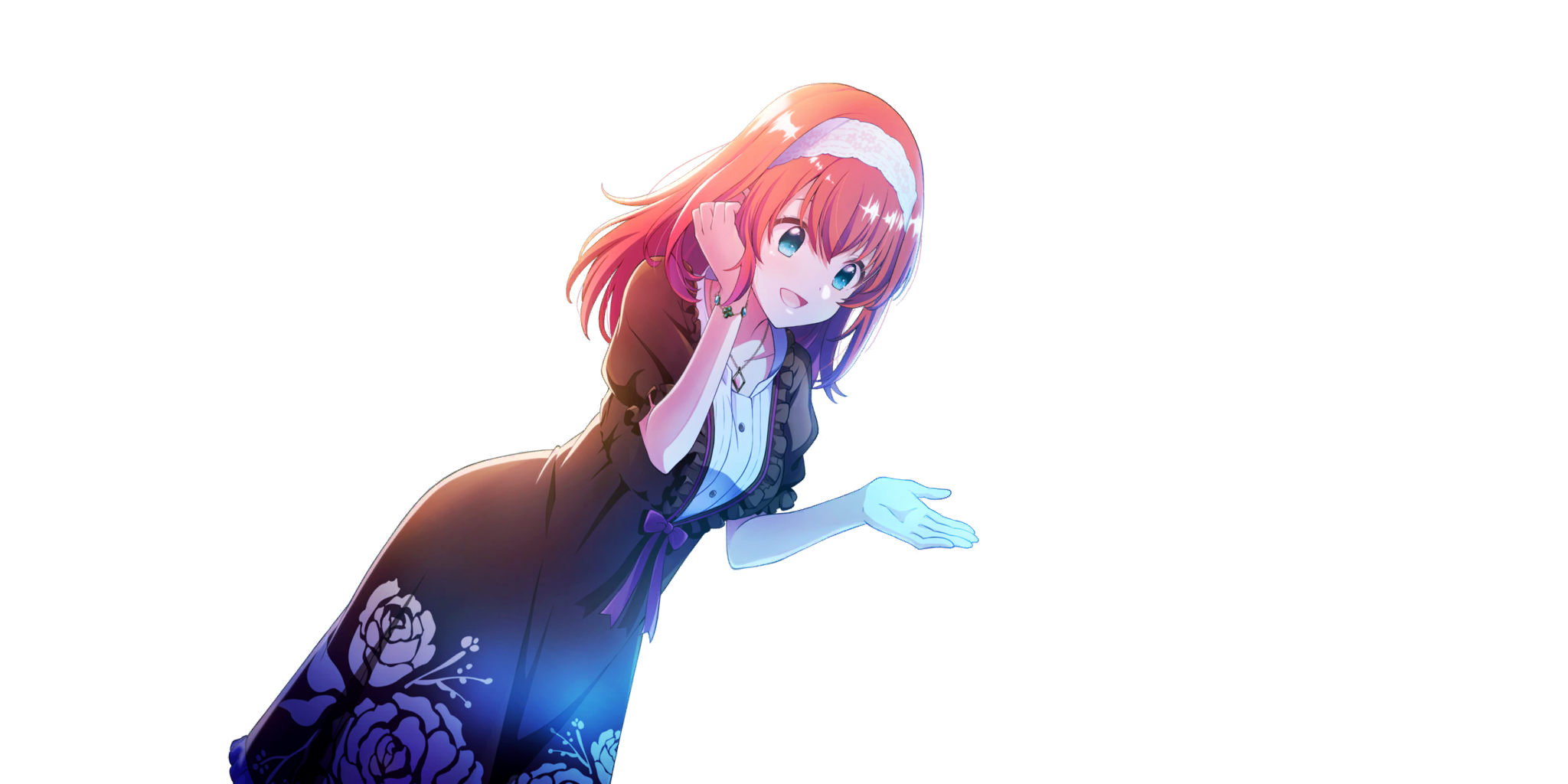 tiara (lapis re:lights), lapis re:lights, game cg, highres, third-party source, 1girl, :d, black dress, blue eyes, bracelet, breasts, dot nose, dress, dutch angle, floral print, floral print dress, gem, hairband, hand on own cheek, hand on own face, hands up, jewelry, long hair, medium breasts, necklace, open mouth, pink gemstone, print dress, red hair, rose print, short sleeves, smile, solo, sparkle, transparent background, white hairband