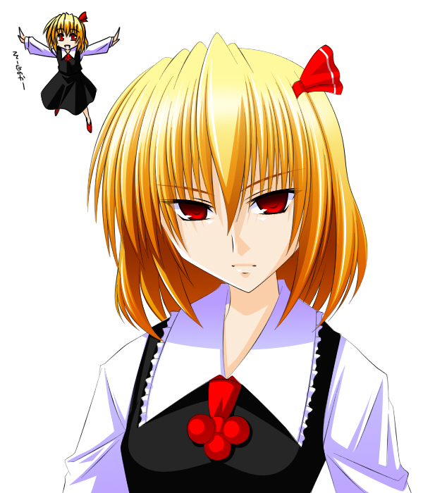 engo (aquawatery), engo (pixiv), rumia, embodiment of scarlet devil, touhou, 1girl, aged up, blonde hair, female focus, hair ribbon, is that so, multiple views, red eyes, ribbon, short hair, simple background, upper body, white background