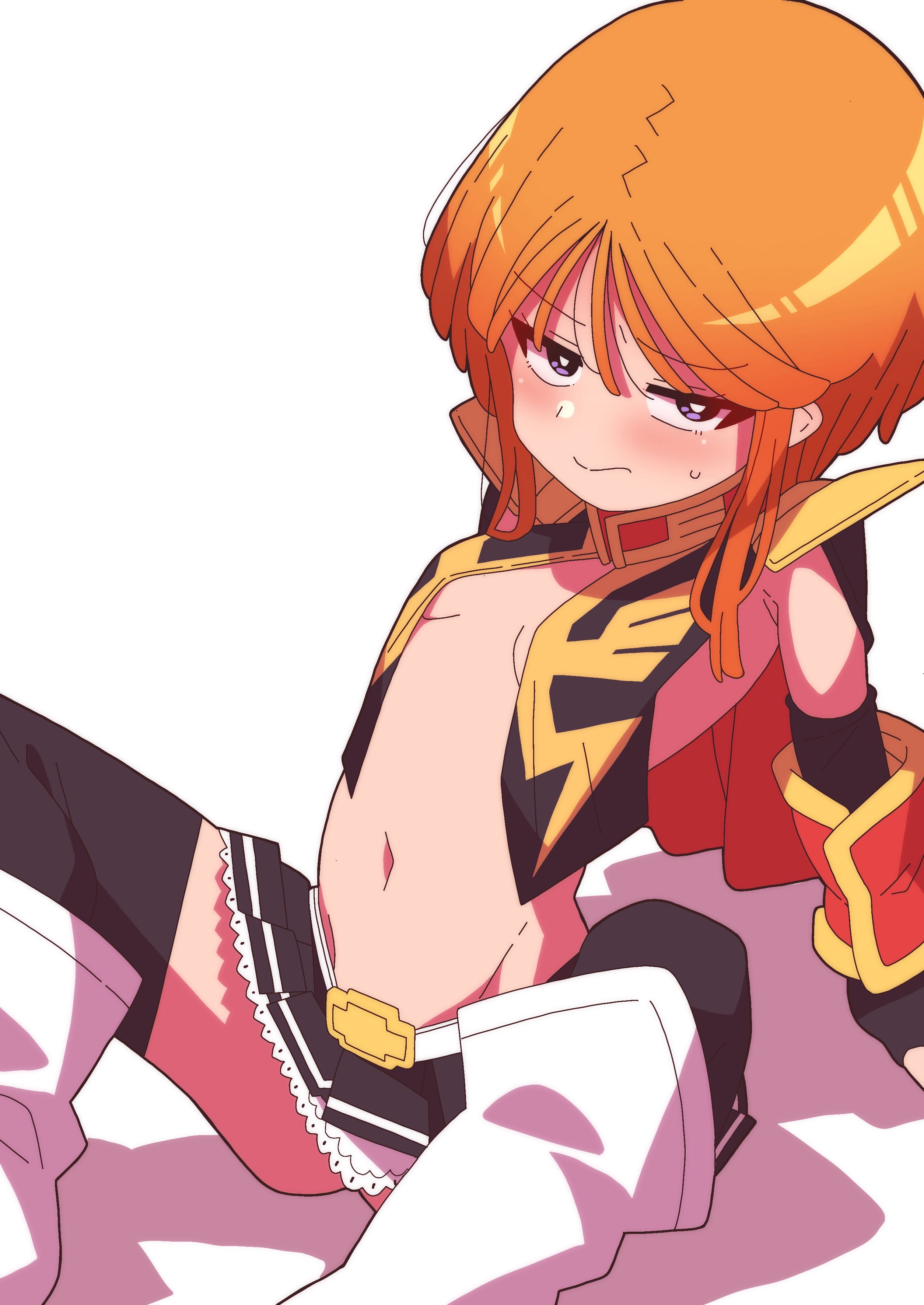 onimaru (onimal7802), puru two, gundam, gundam zz, absurdres, highres, 1girl, boots, breasts, feet out of frame, groin, light blush, looking at viewer, midriff, navel, orange hair, science fiction, short hair, shoulder pads, sitting, skirt, small breasts, solo, white boots