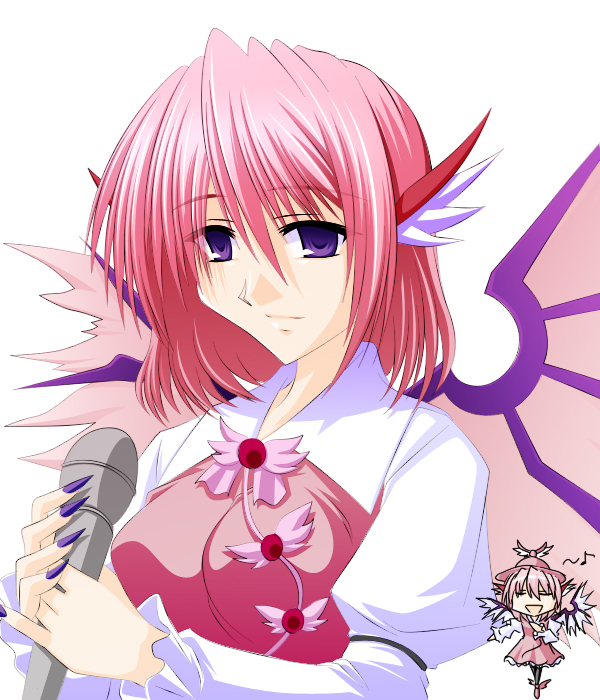 engo (aquawatery), engo (pixiv), mystia lorelei, touhou, 1girl, aged up, animal ears, female focus, microphone, multiple views, pink hair, purple eyes, short hair, simple background, upper body, white background, wings