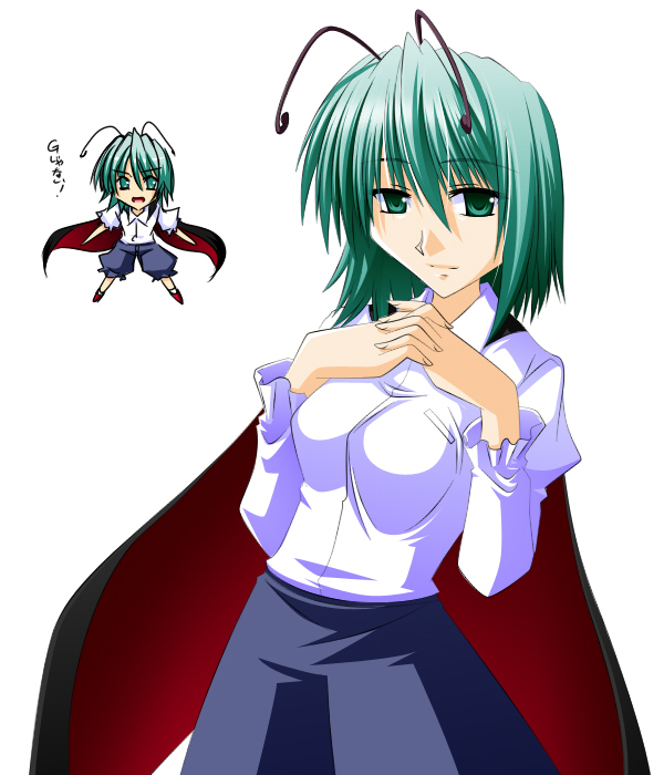 engo (aquawatery), engo (pixiv), wriggle nightbug, touhou, 1girl, aged up, antennae, bad anatomy, cape, female focus, green eyes, green hair, poorly drawn, short hair