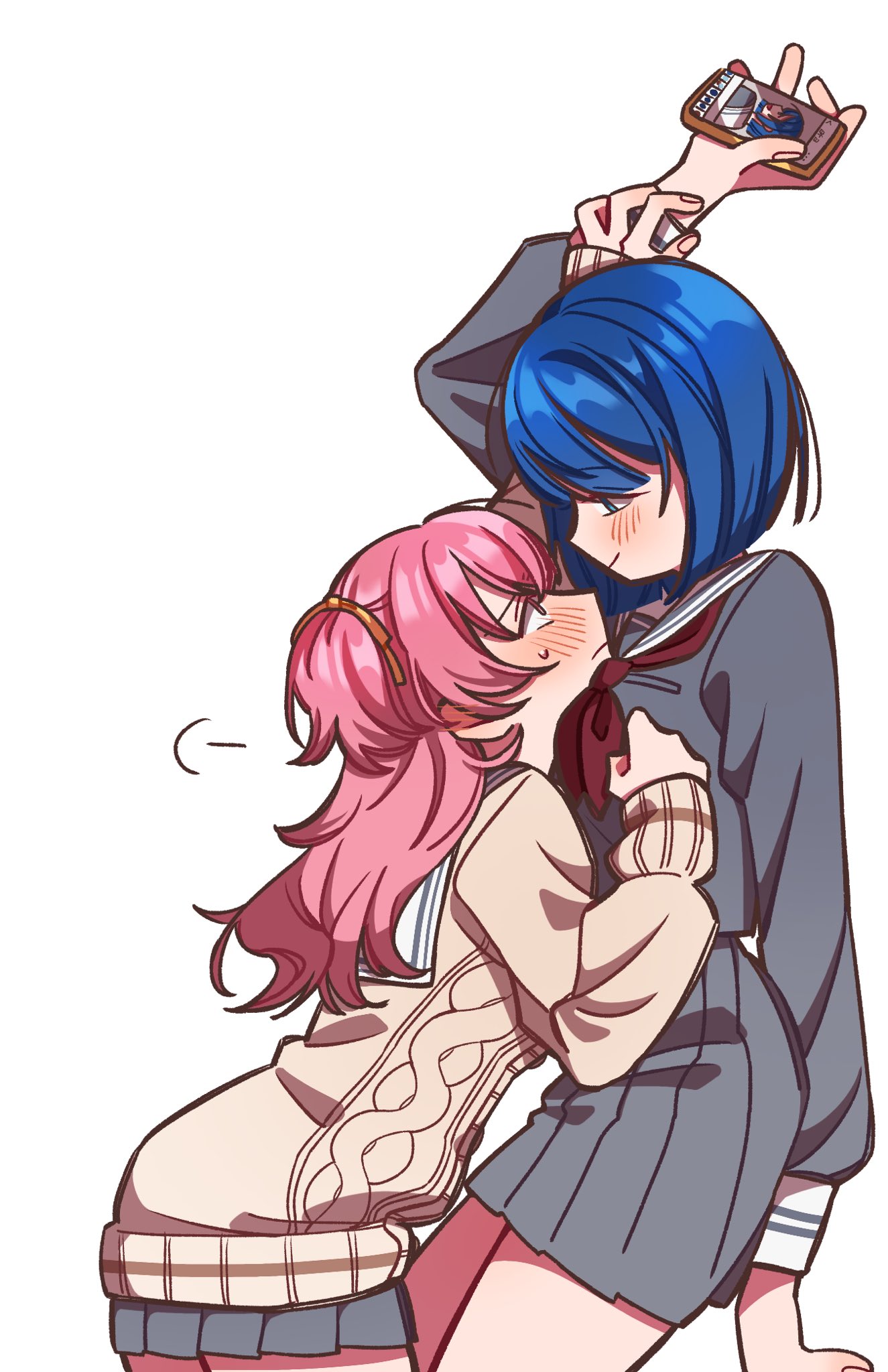 kiritani haruka, momoi airi, project sekai, commentary request, highres, 2girls, 3s3677804311973, between breasts, blue eyes, blue hair, blush, breasts, brown sweater, cable knit, cellphone, closed mouth, face between breasts, grey serafuku, grey skirt, head between breasts, holding, holding phone, multiple girls, neckerchief, phone, pink hair, pleated skirt, red neckerchief, school uniform, serafuku, short hair, simple background, skirt, smartphone, smile, sweat, sweater, two side up, white background, yuri