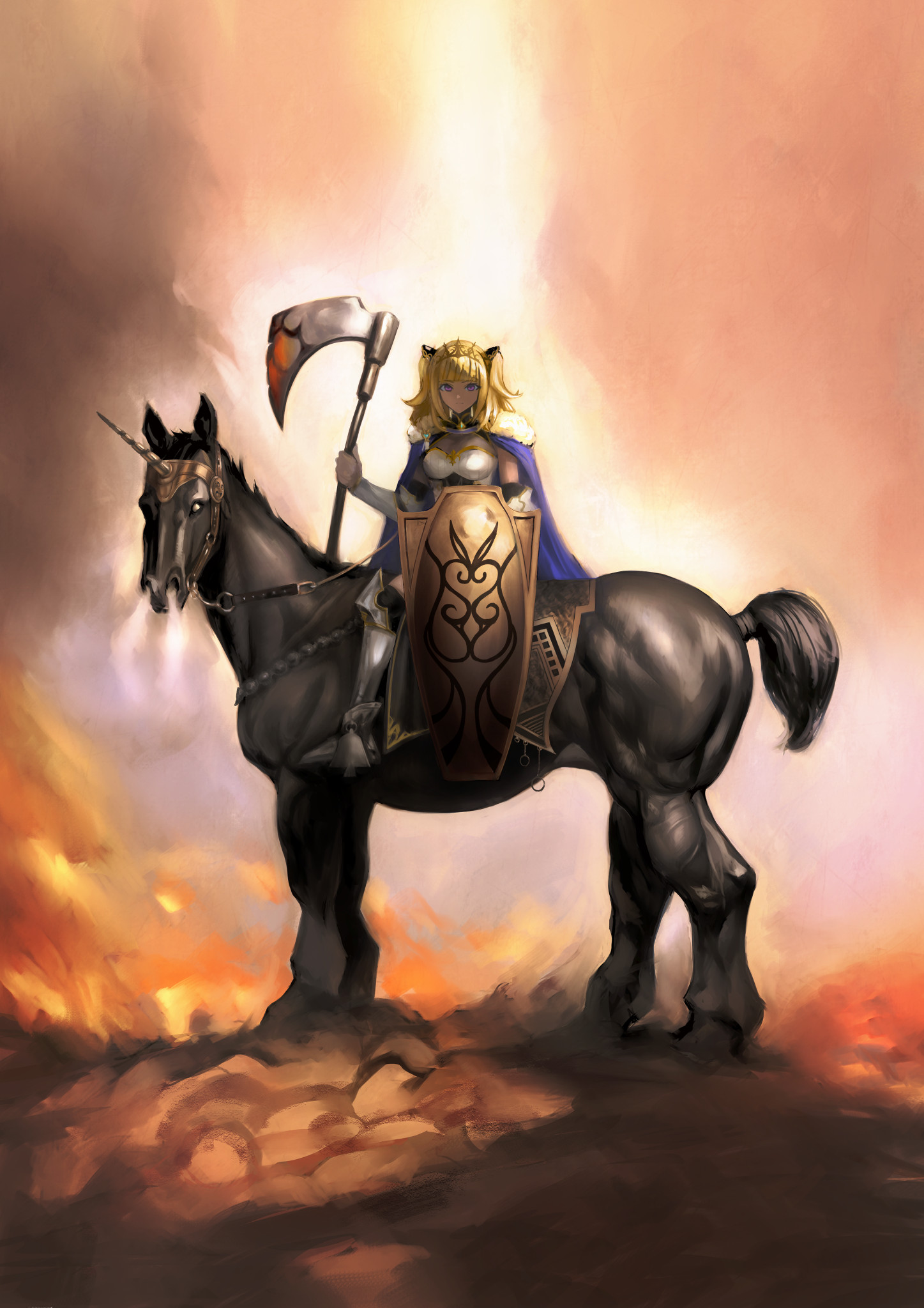 sgk, mimipi (vtuber), death dealer (painting), indie virtual youtuber, commentary request, highres, 1girl, armor, axe, black horse, blonde hair, breasts, closed mouth, fine art parody, frank frazetta (style), holding, holding axe, holding shield, holding weapon, horse, horseback riding, large breasts, looking at viewer, parody, purple eyes, riding, shield, solo, virtual youtuber, weapon