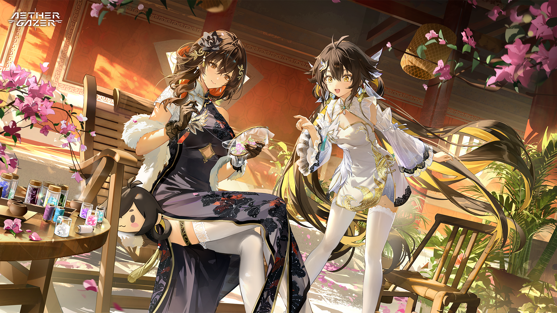 aether gazer, artist request, character request, highres, official art, 2girls, ahoge, black dress, black flower, blonde hair, brown eyes, brown hair, chair, closed mouth, clothing cutout, colored inner hair, copyright name, crossed legs, detached sleeves, dress, feather boa, flower, gloves, hair flower, hair ornament, holding sewing needle, long hair, multicolored hair, multiple girls, on chair, open mouth, orange hair, plant, purple flower, sewing, sitting, smile, table, tassel, thighhighs, white dress, white sleeves, white thighhighs, yellow eyes