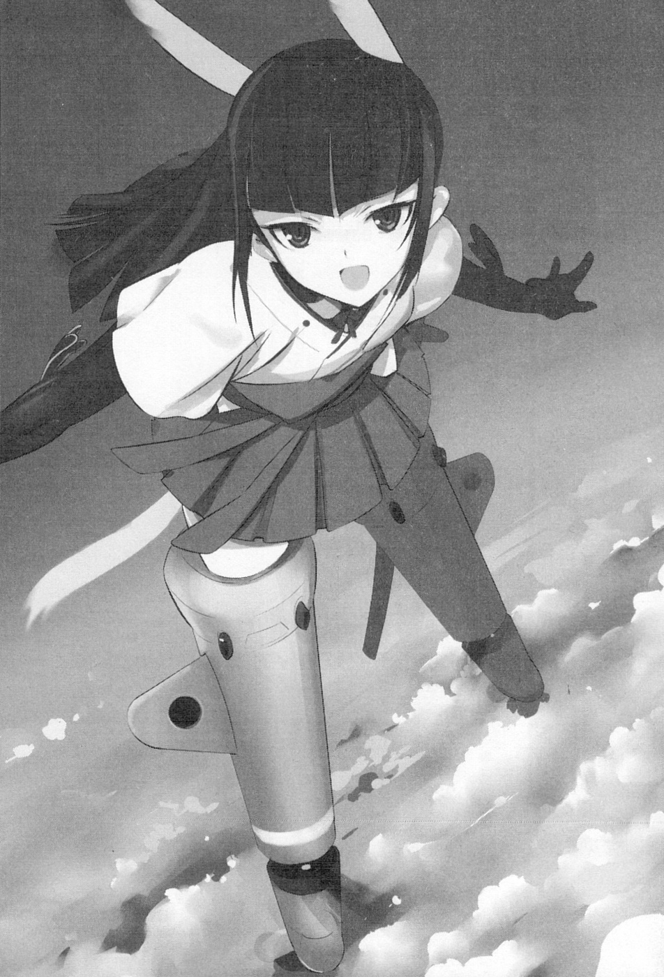 ueda hashigo, anabuki tomoko, sakomizu haruka, strike witches, strike witches: suomus misfits squadron, world witches series, highres, 00s, 1girl, animal ears, black eyes, black hair, cloud, female focus, flying, greyscale, long hair, monochrome, skirt, smile, solo, striker unit, tail