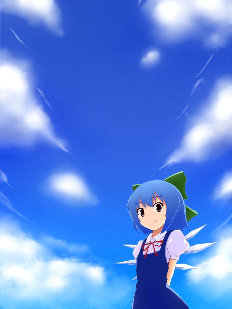 tsuyuki, tsuyuki (yukitgraph), cirno, shoot the bullet, touhou, 1girl, arms behind back, blue hair, bow, cloud, day, female focus, hair bow, looking at viewer, short hair, sky, smile, solo, wings