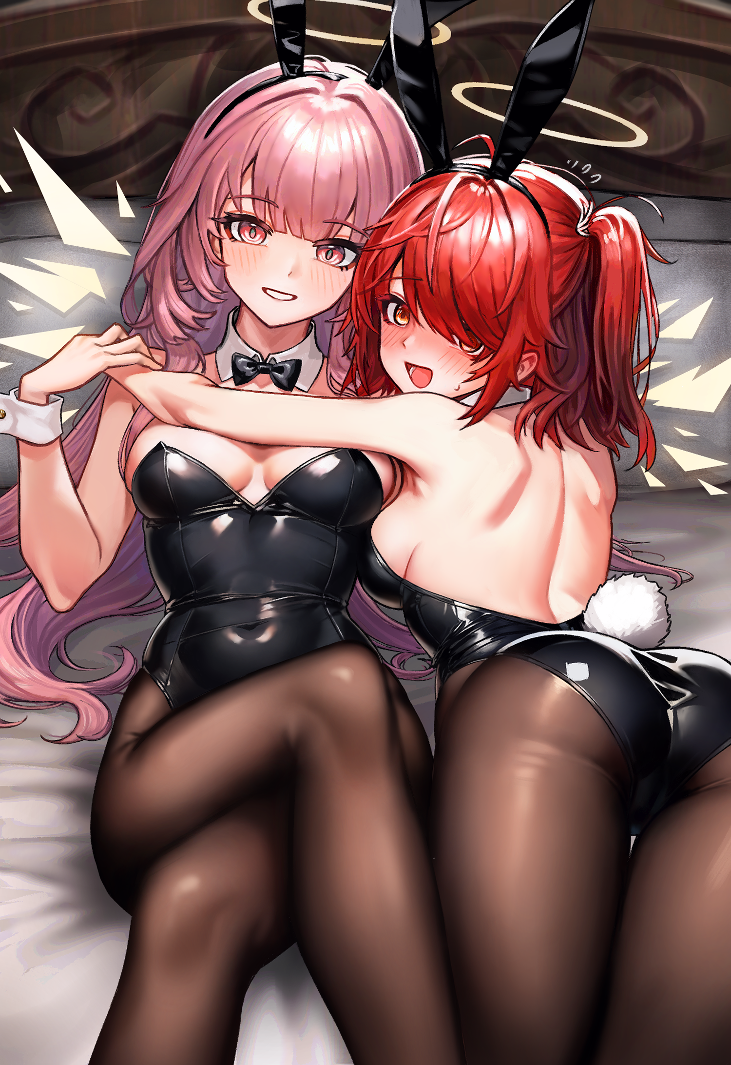 exusiai (arknights), lemuen (arknights), arknights, highres, 2girls, :d, animal ear hairband, animal ears, ass, back, backless outfit, bare shoulders, bed, black leotard, blush, bow, bowtie, breasts, covered navel, crossed legs, detached collar, detached wings, dsr147g, embarrassed, energy wings, fake animal ears, fake tail, hair over one eye, hairband, halo, highleg, highleg leotard, hug, leotard, looking at viewer, looking back, lying, medium breasts, multiple girls, on back, on bed, on stomach, open mouth, pantyhose, pink eyes, pink hair, playboy bunny, rabbit ear hairband, rabbit ears, rabbit tail, red eyes, red hair, shoulder blades, sideboob, smile, strapless, strapless leotard, tail, thighs, traditional halo, white halo, white wrist cuffs, wings, wrist cuffs