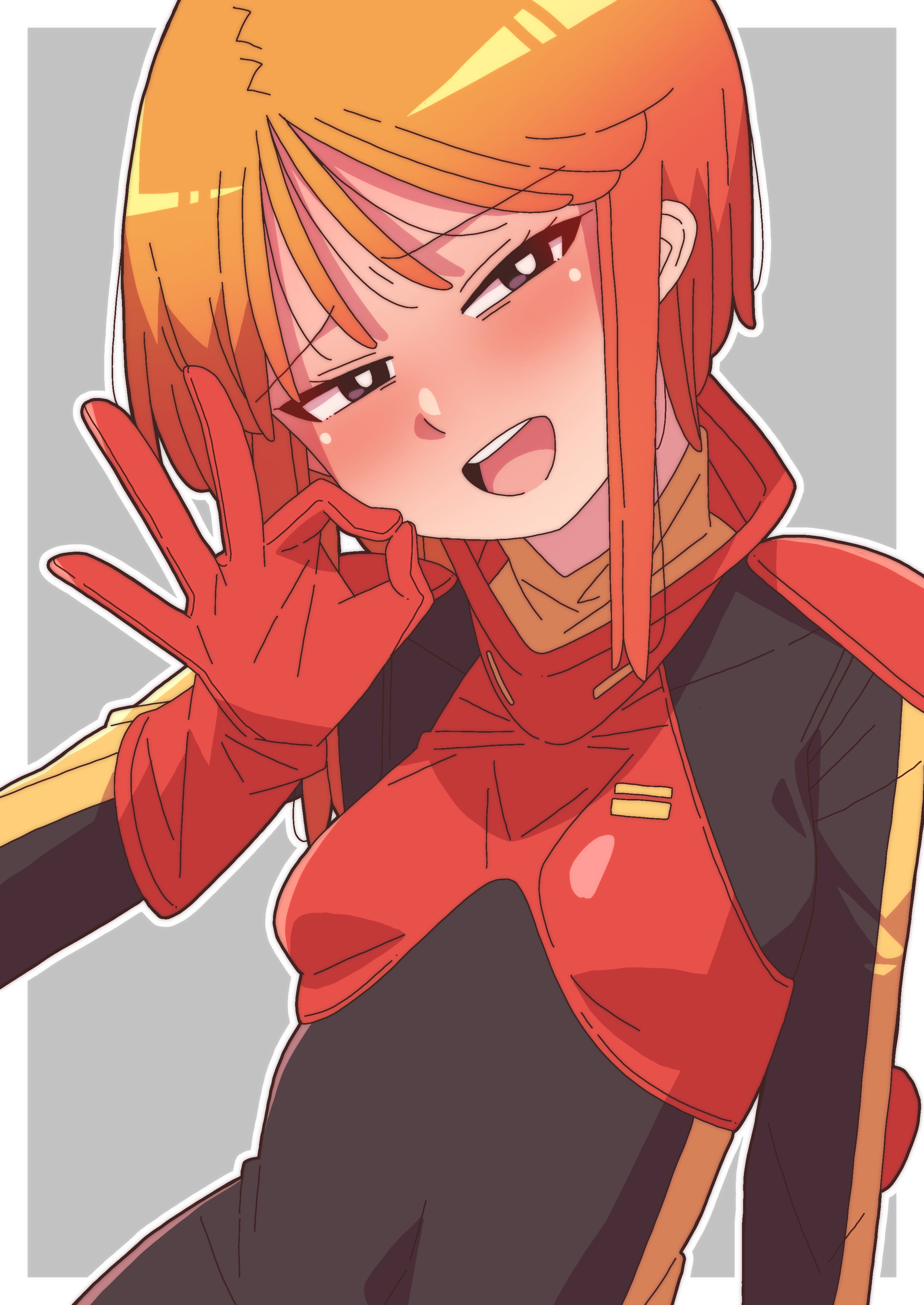 onimaru (onimal7802), puru two, gundam, gundam zz, absurdres, highres, 1girl, breasts, covered navel, fellatio gesture, gloves, light blush, looking at viewer, mecha pilot suit, open mouth, orange hair, red gloves, science fiction, short hair, small breasts, upper body