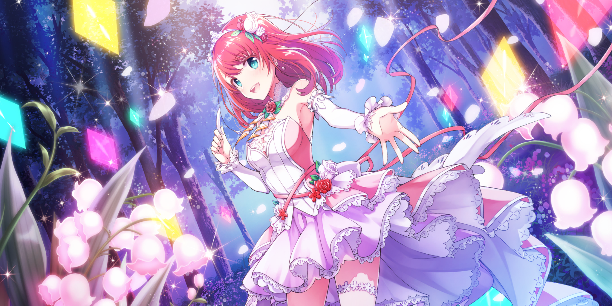 tiara (lapis re:lights), lapis re:lights, flower request, game cg, highres, official art, third-party source, 1girl, aqua eyes, armpits, asymmetrical legwear, bare shoulders, blush, breasts, cowboy shot, detached collar, detached sleeves, dress, dutch angle, earrings, falling petals, floating earrings, flower, forest, frilled skirt, frills, hair flower, hair ornament, holding, holding petal, jewelry, layered skirt, lily of the valley, looking at viewer, medium breasts, medium hair, nature, neck flower, open mouth, outdoors, outstretched arm, petals, pink dress, pink flower, pink petals, pink ribbon, pink skirt, purple skirt, reaching, reaching towards viewer, red flower, red hair, red rose, ribbon, rose, single thighhigh, skirt, smile, solo, sparkle, strapless, strapless dress, teeth, thighhighs, tiara, two-tone dress, upper teeth only, white dress, white flower, white petals, white rose, white sleeves, white thighhighs