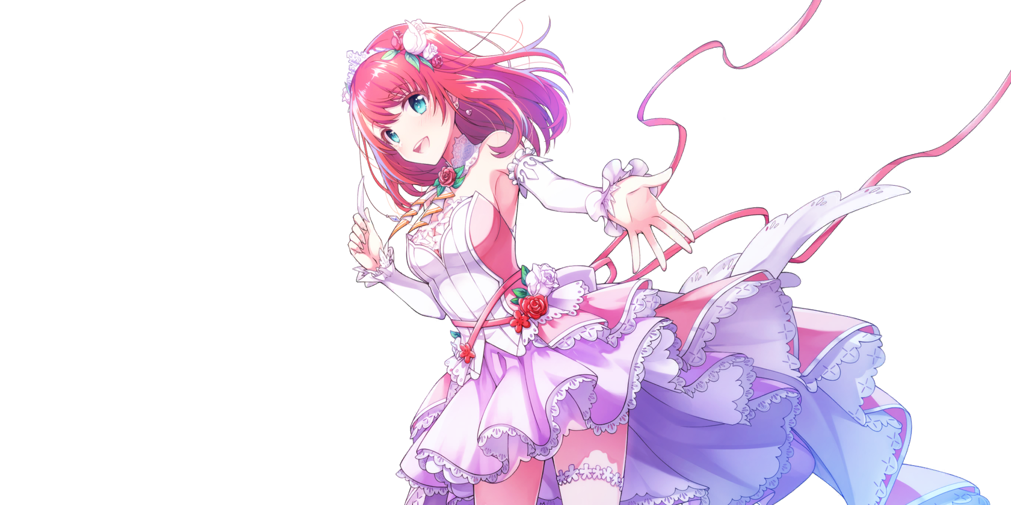 tiara (lapis re:lights), lapis re:lights, game cg, highres, official art, third-party source, 1girl, aqua eyes, armpits, asymmetrical legwear, bare shoulders, blush, breasts, cowboy shot, detached collar, detached sleeves, dress, earrings, floating earrings, flower, frilled skirt, frills, hair flower, hair ornament, holding, holding petal, jewelry, layered skirt, looking at viewer, medium breasts, medium hair, neck flower, open mouth, outstretched arm, petals, pink dress, pink ribbon, pink skirt, purple skirt, reaching, reaching towards viewer, red flower, red hair, red rose, ribbon, rose, single thighhigh, skirt, smile, solo, strapless, strapless dress, teeth, thighhighs, tiara, transparent background, two-tone dress, upper teeth only, white dress, white flower, white petals, white rose, white sleeves, white thighhighs