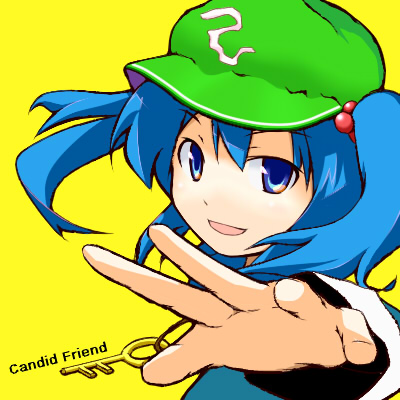 tsuyuki, tsuyuki (yukitgraph), kawashiro nitori, touhou, lowres, 1girl, blue eyes, blue hair, female focus, foreshortening, hair bobbles, hair ornament, hat, key, matching hair/eyes, solo, twintails, two side up