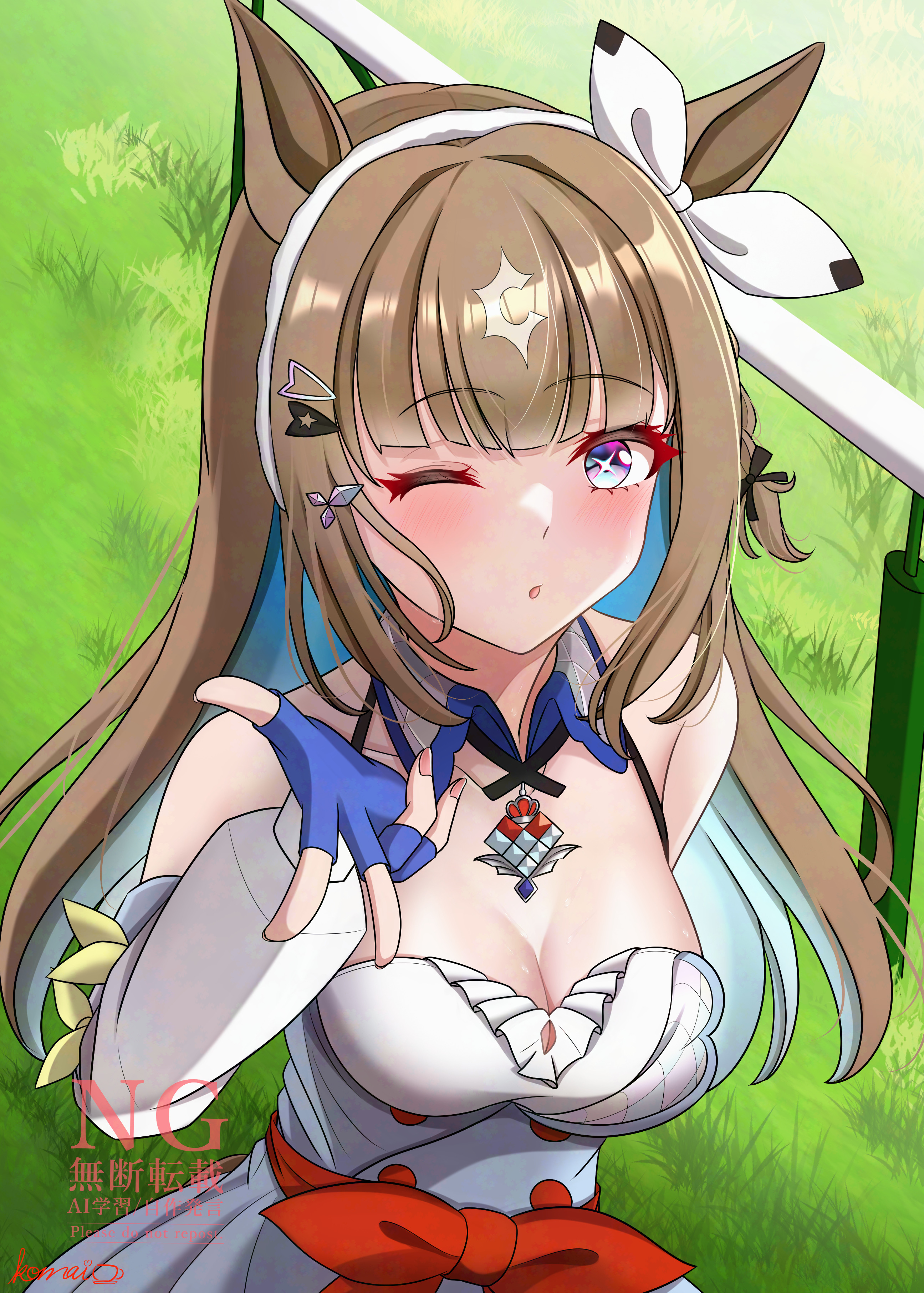 s00h11o13, almond eye (umamusume), umamusume, absurdres, highres, 1girl, animal ears, blowing kiss, blue eyes, blunt bangs, blush, breasts, brown hair, cleavage, collarbone, detached sleeves, grass, hairband, horse ears, horse girl, jewelry, looking at viewer, multicolored hair, necklace, one eye closed, solo, two-tone hair