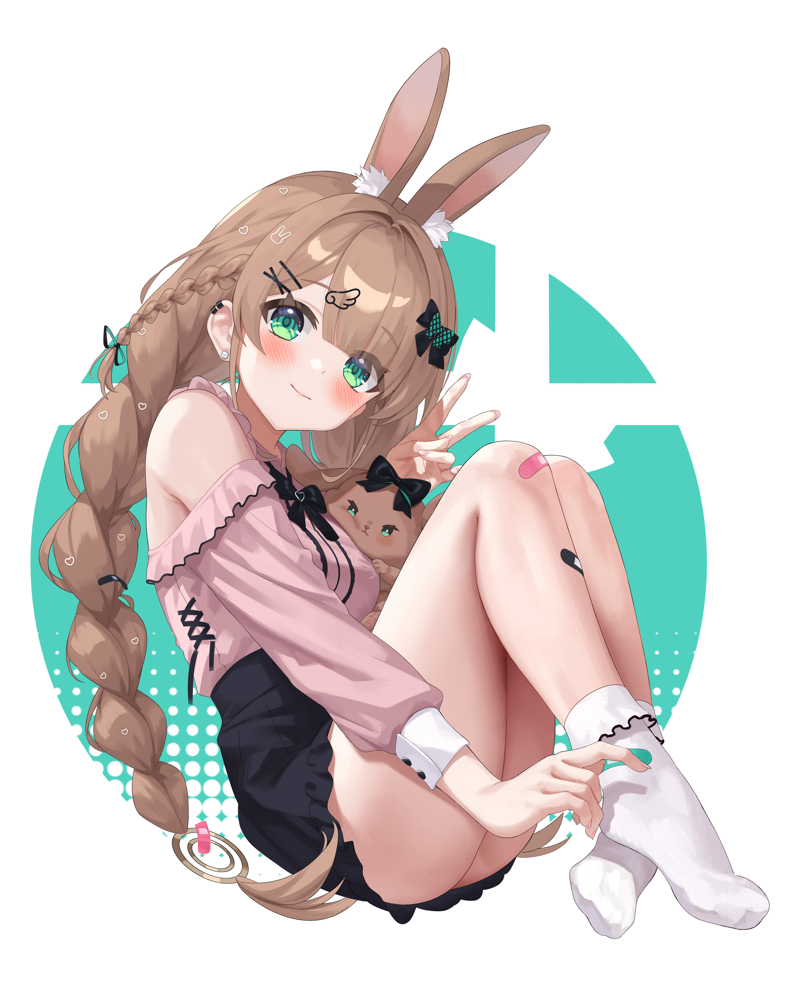 mawoillust, original, absurdres, highres, 1girl, animal ear fluff, animal ears, bandaid, bandaid on knee, bandaid on leg, black skirt, blunt bangs, braid, brown hair, green background, green eyes, hair between eyes, hair ornament, hairclip, long hair, long sleeves, looking at viewer, pink shirt, rabbit ears, shirt, sidelocks, simple background, sitting, skirt, smile, socks, solo, thighs, twin braids, v, white background, white socks