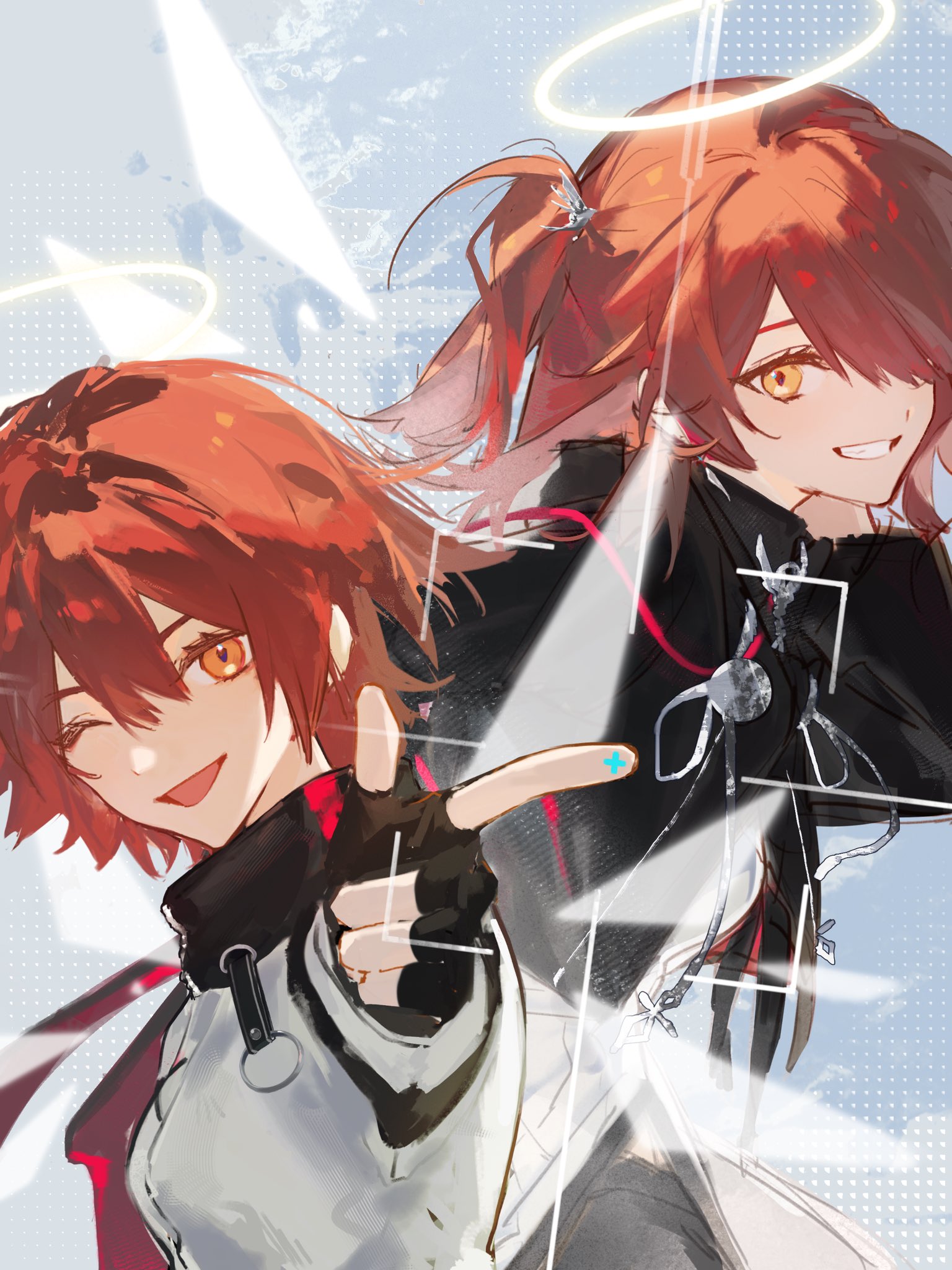 exusiai (arknights), exusiai the new covenant (arknights), arknights, highres, 2girls, angel wings, black jacket, breasts, detached wings, energy wings, fingerless gloves, gloves, gun, guozhihanliangweida 10, hair over one eye, halo, jacket, kriss vector, long shirt, long sleeves, looking at viewer, medium breasts, multiple girls, one eye closed, open mouth, orange eyes, red hair, shirt, short hair, side ponytail, smile, submachine gun, swept bangs, thighhighs, weapon, white halo, white shirt, white thighhighs, wings