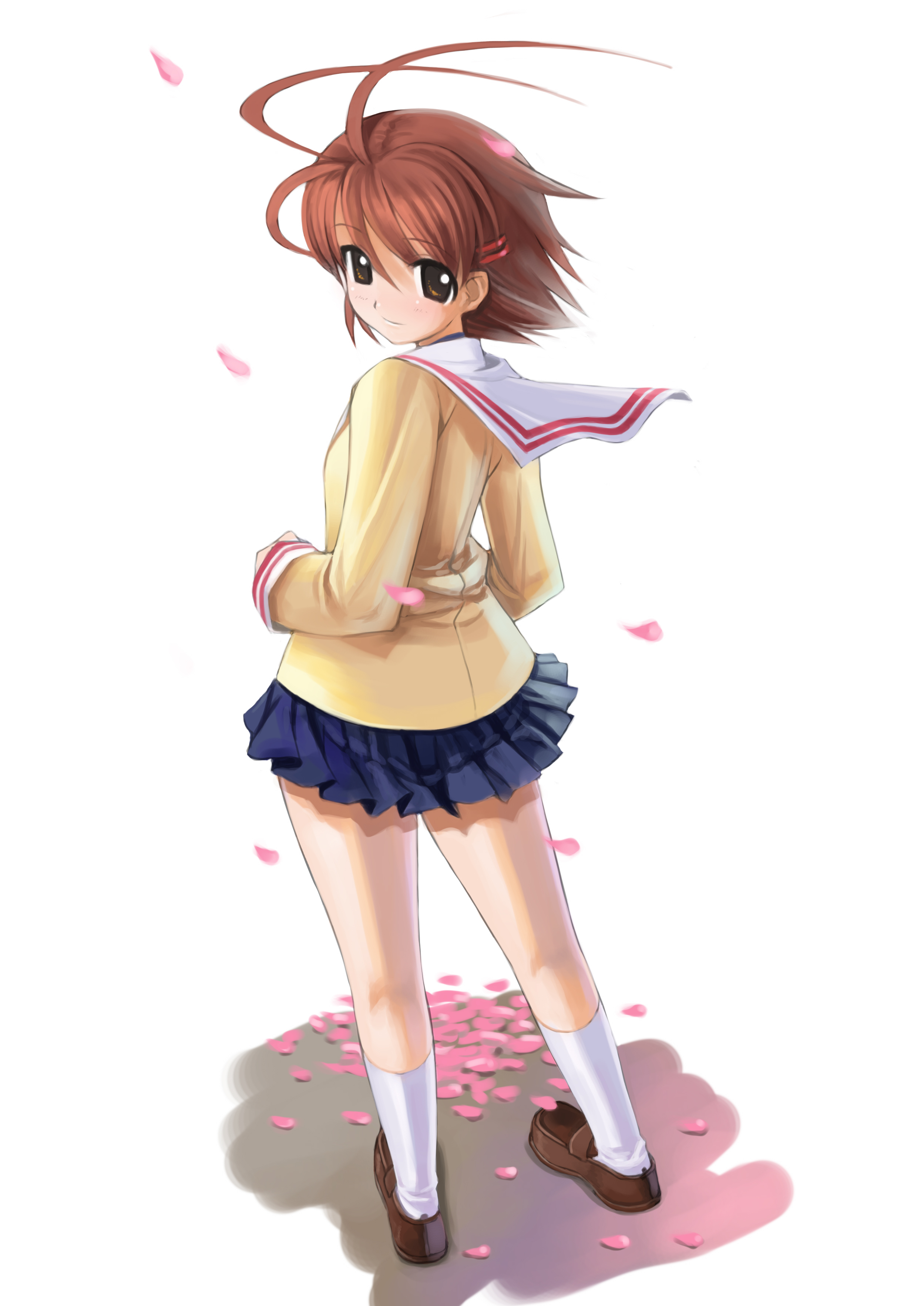 mikazuki akira!, furukawa nagisa, clannad, absurdres, highres, 00s, antenna hair, brown eyes, brown hair, cherry blossoms, hair ornament, hairclip, kneehighs, petals, school uniform, shoes, short hair, socks, solo, white socks