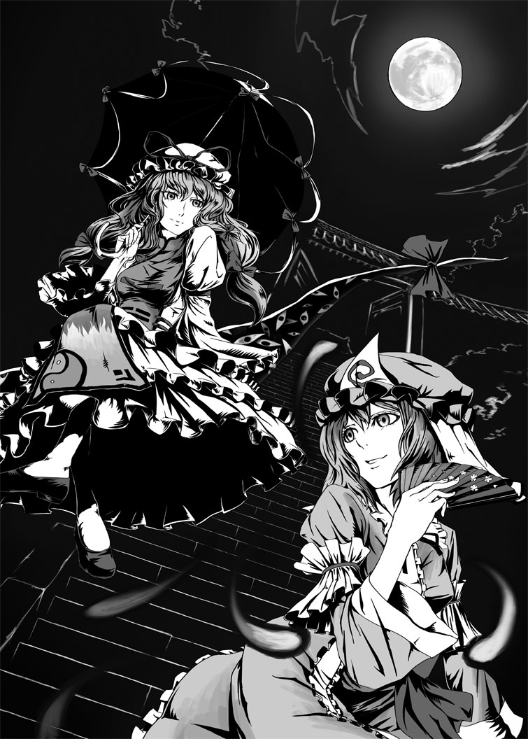 akitu kouta, kuro dokuro, saigyouji yuyuko, yakumo yukari, touhou, 2girls, arm garter, cloud, dress, female focus, from below, full moon, greyscale, hat, long sleeves, looking at viewer, mob cap, monochrome, moon, moonlight, multiple girls, night, outdoors, sky, triangular headpiece