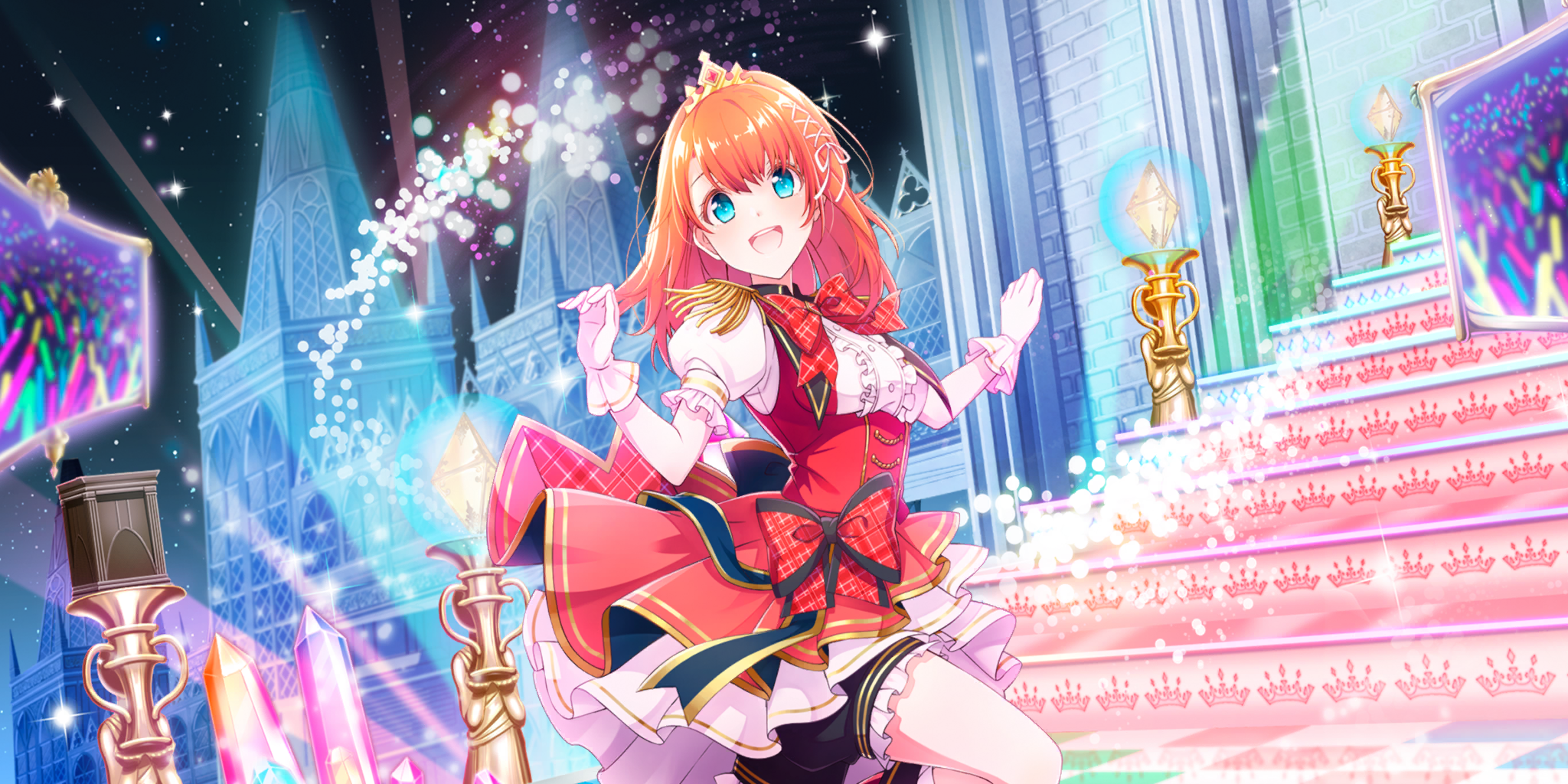 tiara (lapis re:lights), lapis re:lights, game cg, highres, official art, third-party source, 1girl, :d, audience, blue eyes, bow, bowtie, breasts, building, cowboy shot, crystal, dot nose, dress, gloves, glowstick, gold tiara, hair ribbon, hands up, head tilt, idol, idol clothes, large bow, layered skirt, looking at viewer, medium breasts, monitor, night, night sky, open mouth, orange hair, outdoors, plaid bow, plaid bowtie, plaid clothes, puffy short sleeves, puffy sleeves, red bow, red bowtie, red dress, red skirt, ribbon, short sleeves, skirt, sky, smile, solo, spire, stairs, standing, standing on one leg, star (sky), starry sky, teeth, underbust, upper teeth only, white gloves, white ribbon, white skirt