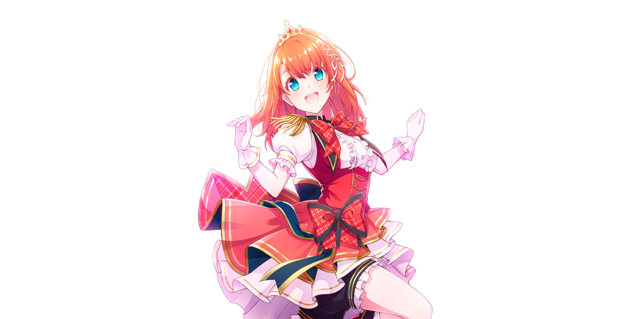 tiara (lapis re:lights), lapis re:lights, game cg, highres, official art, third-party source, 1girl, :d, blue eyes, bow, bowtie, breasts, cowboy shot, dot nose, dress, gloves, gold tiara, hair ribbon, hands up, head tilt, idol, idol clothes, large bow, layered skirt, looking at viewer, medium breasts, open mouth, orange hair, plaid bow, plaid bowtie, plaid clothes, puffy short sleeves, puffy sleeves, red bow, red bowtie, red dress, red skirt, ribbon, short sleeves, skirt, smile, solo, standing, standing on one leg, teeth, transparent background, underbust, upper teeth only, white gloves, white ribbon, white skirt