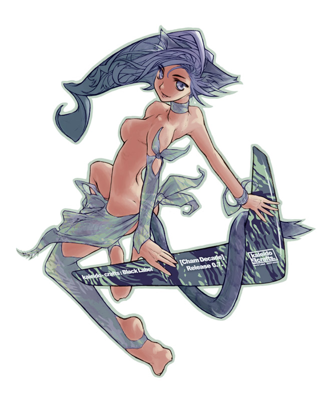 henreki san, cham cham, samurai spirits, 1girl, animal ears, back, barefoot, boomerang, breasts, cat ears, cat tail, choker, feet, female focus, grey eyes, loincloth, long hair, medium breasts, nipples, solo, tail, topless female