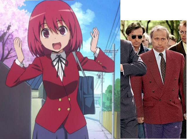 kushieda minori, vladimir putin, adidas, real life, toradora!, anime screenshot, photo (medium), third-party edit, 1boy, comparison, cosplay, male focus, parody, politician, product placement, russia
