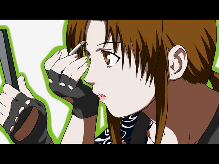 miduki2611, revy (black lagoon), black lagoon, joshi kousei, 1girl, applying makeup, applying own makeup, black gloves, brown eyes, brown hair, female focus, fingerless gloves, from side, gloves, holding, letterboxed, lipstick, long hair, makeup, makeup brush, mirror, parody, parted bangs, parted lips, pink lips, portrait, simple background, solo, style parody, tattoo, white background