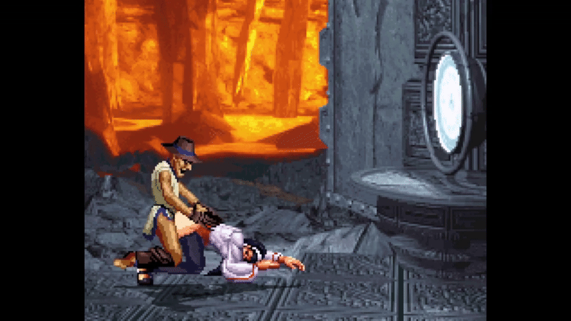 choi bounge, kagura chizuru, m.u.g.e.n, snk, the king of fighters, animated, animated gif, 1boy, 1girl, anal, cum, cum in ass, cum on body, hat, priestess, sex, sex from behind, sprite art, sunglasses