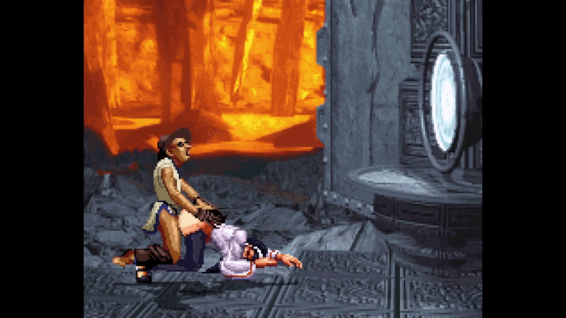 choi bounge, kagura chizuru, m.u.g.e.n, snk, the king of fighters, animated, animated gif, 1boy, 1girl, anal, hat, priestess, sex, sex from behind, sprite art, sunglasses
