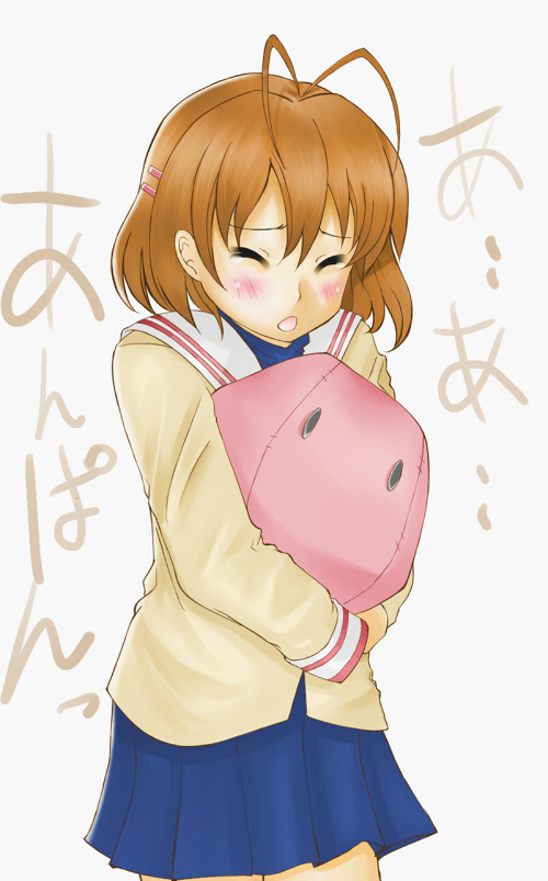 titanic21, furukawa nagisa, clannad, dango daikazoku, bad id, bad pixiv id, translation request, 00s, antenna hair, blush, brown hair, closed eyes, dango, food, school uniform, short hair, solo, wagashi