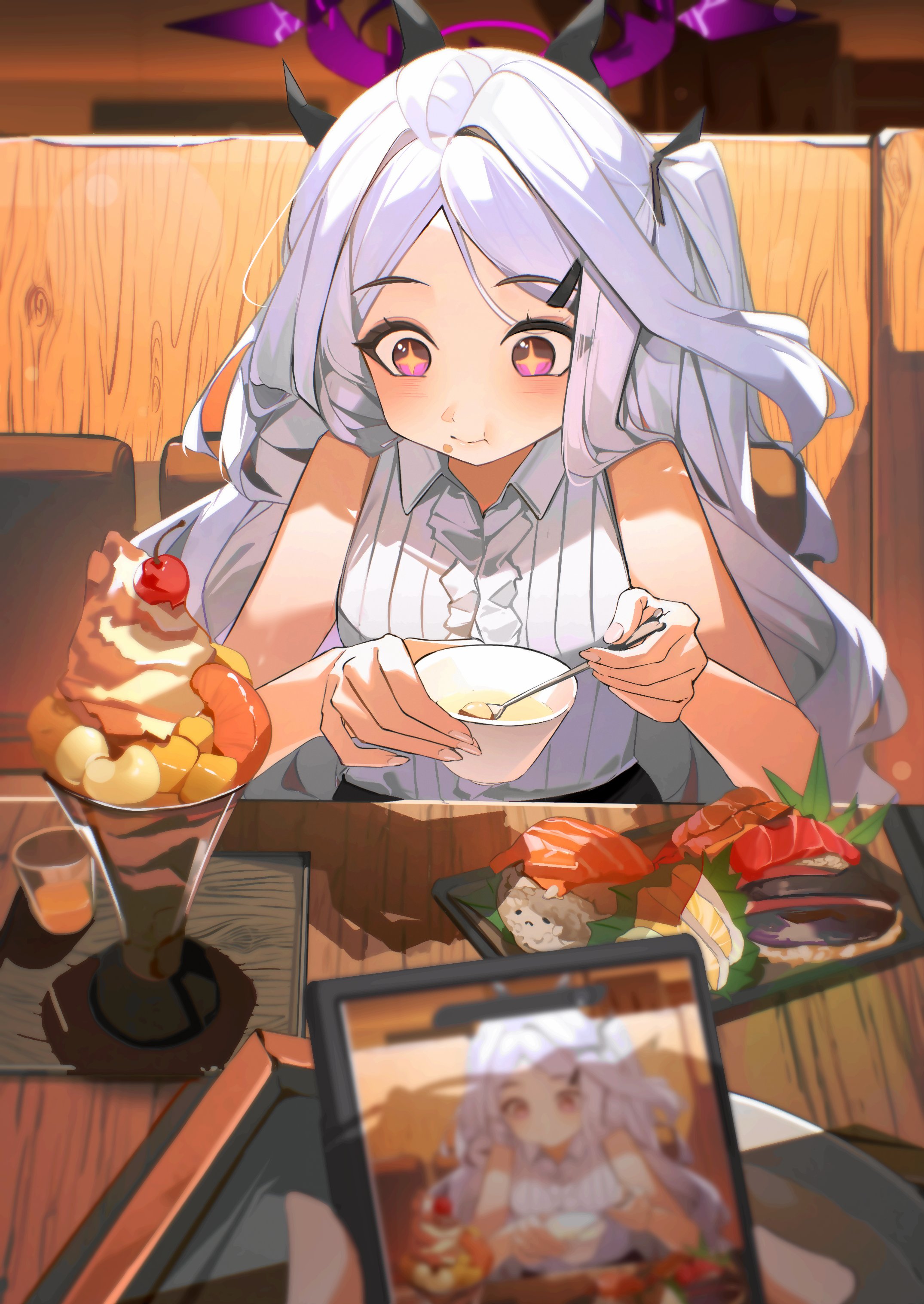ayu (user xkhp7843), hina (blue archive), blue archive, absurdres, commentary, highres, + +, 1girl, 1other, :t, blush, bowl, breasts, cellphone, cherry, closed mouth, eating, food, fruit, happy, holding, holding bowl, holding spoon, ice cream, long hair, looking at food, parted bangs, phone, purple eyes, shirt, sitting, small breasts, smartphone, solo focus, spoon, sushi, tray, upper body, white shirt