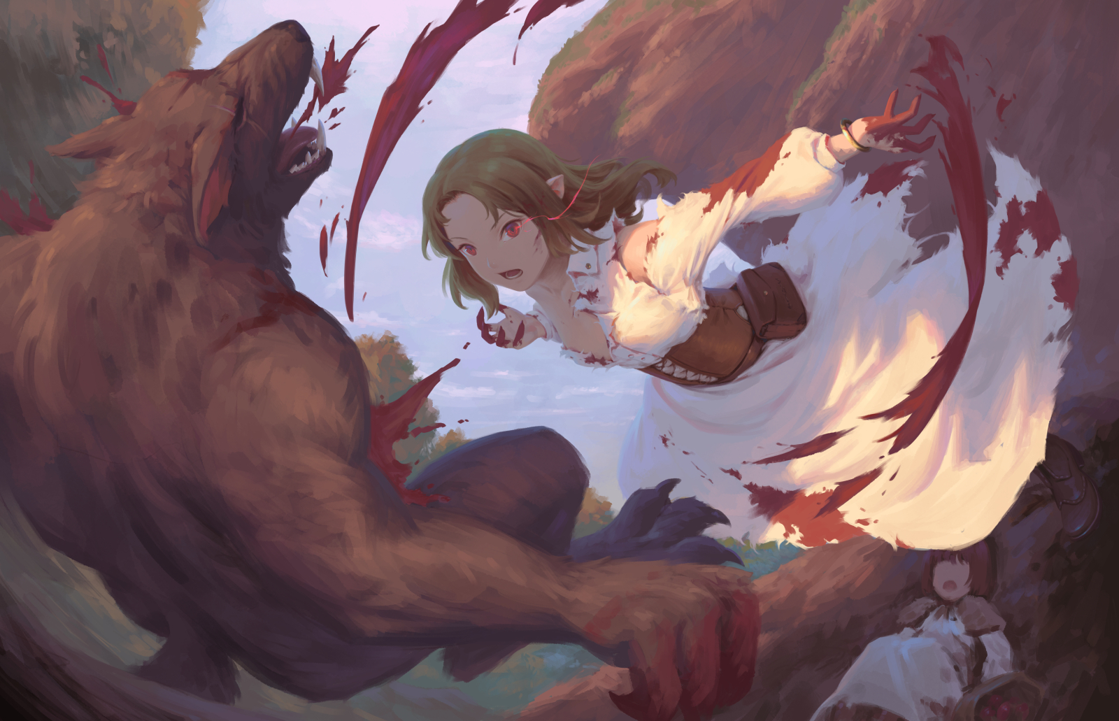 bigrbear, original, highres, 1boy, 2girls, belt pouch, blood, blood on clothes, blood on hands, blood splatter, blood spray, blue sky, boots, bracelet, breasts, brown corset, brown shawl, cleavage, collarbone, corset, dress, fangs, forest, glowing, glowing eye, gold bracelet, green hair, injury, jewelry, long hair, looking at another, lower teeth only, medium hair, multiple girls, nature, open mouth, ophelia (bigrbear), outdoors, pointy ears, pouch, red eyes, red hair, shawl, sky, small breasts, teeth, torn clothes, torn dress, vampire, werewolf, white dress