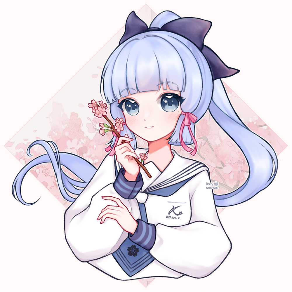 snow (iceysnowie), ayaka (genshin impact), genshin impact, 1girl, alternate costume, artist name, black bow, blue eyes, blue hair, blue necktie, blunt bangs, blunt tresses, blush, bow, branch, contemporary, cropped torso, floral background, hair bow, hair ribbon, holding, holding branch, long hair, long sleeves, looking at viewer, necktie, parted lips, pink ribbon, ponytail, ribbon, school uniform, shirt, sleeves past wrists, smile, solo, white background, white shirt