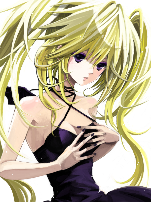 nire, nire (scissors), hoshina utau, shugo chara!, bad id, bad pixiv id, 1girl, black nails, blonde hair, breasts, cleavage, dress, female focus, long hair, nail polish, purple eyes, solo, wings