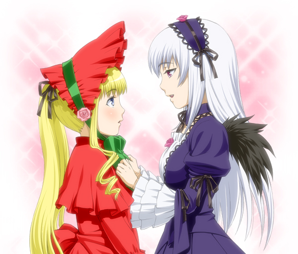ichikawa masahiro, shinku, suigintou, maria-sama ga miteru, rozen maiden, silver hair, 2girls, adjusting another's clothes, blonde hair, blue eyes, blush, bonnet, bow, dress, drill hair, frills, hair ribbon, hairband, long hair, multiple girls, parody, purple eyes, ribbon, scarf tying, twintails, wings